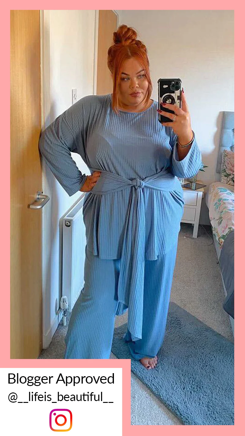 CurveWow Ribbed Tie Waist Lounge Top Blue - Image 8