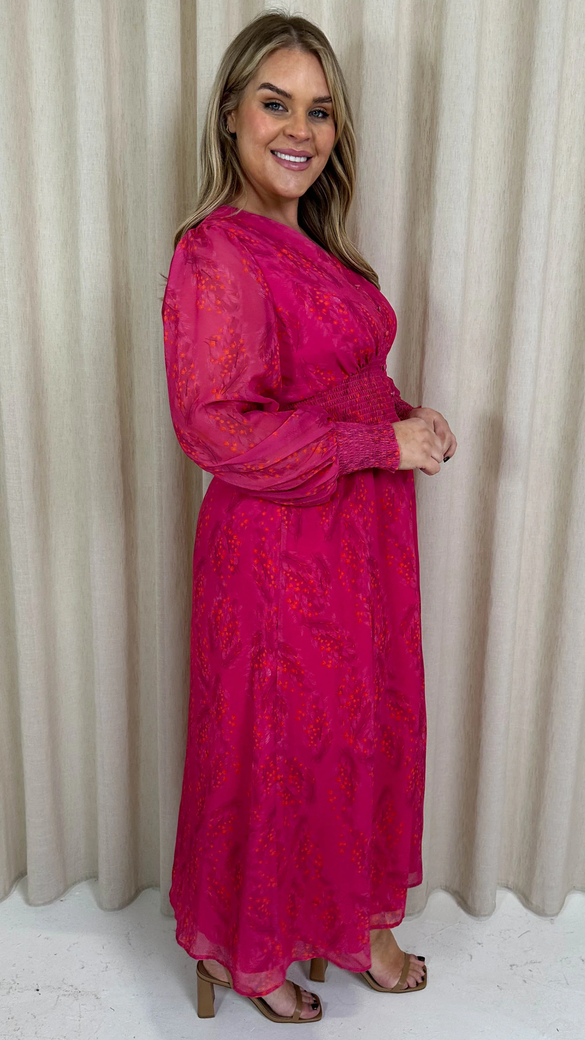 CurveWow Button Front Maxi Dress Magenta Floral - Image 9