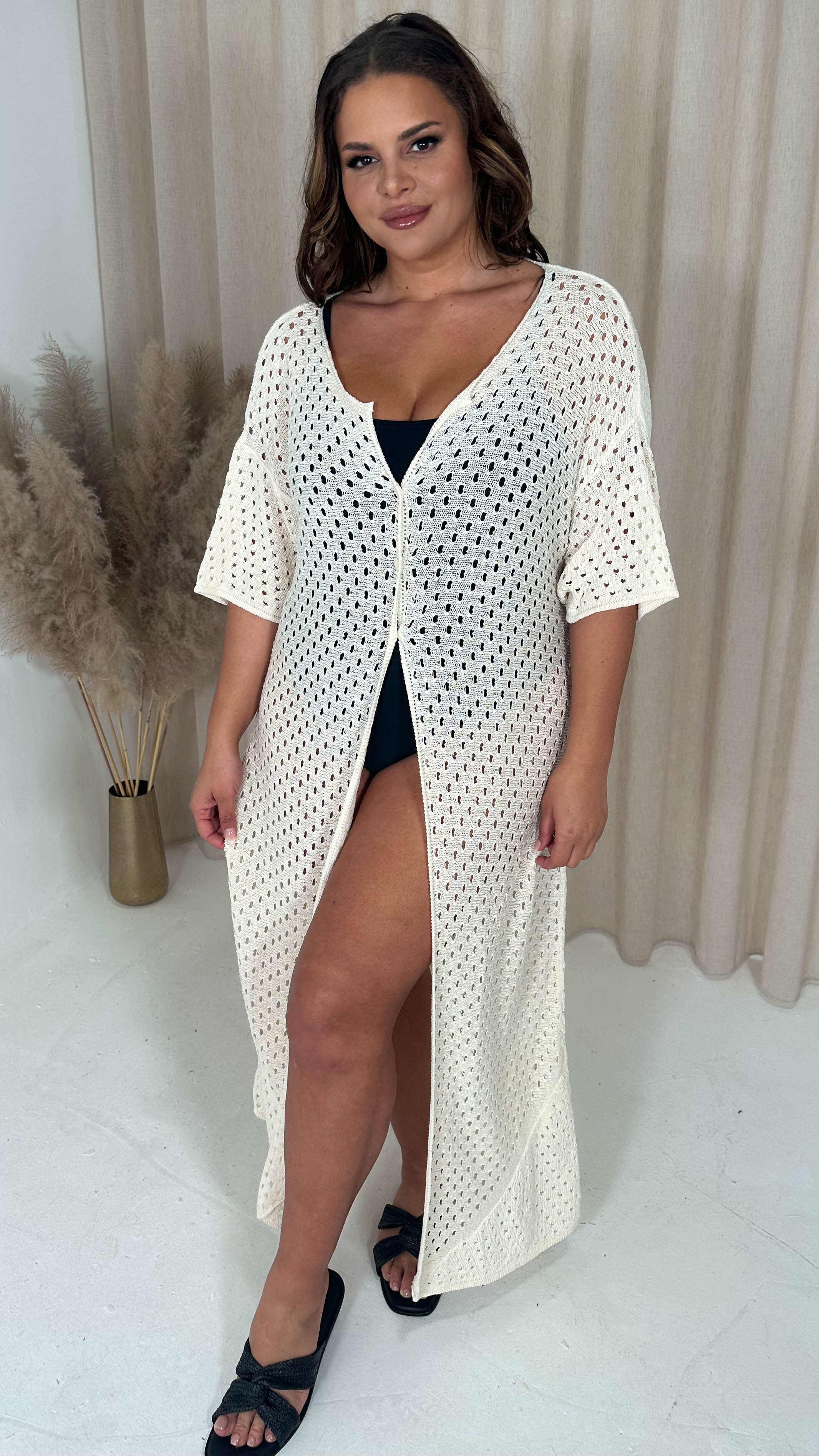 CurveWow Crochet Knitted Cardigan Oatmeal - Image 6