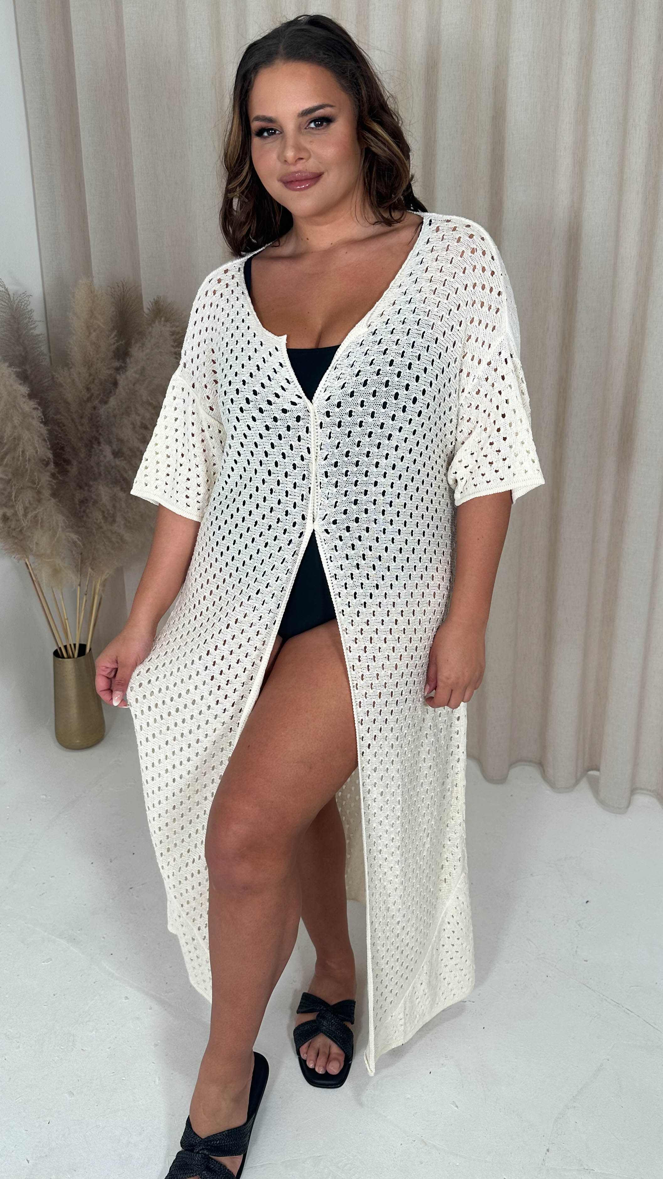 CurveWow Crochet Knitted Cardigan Oatmeal - Image 7