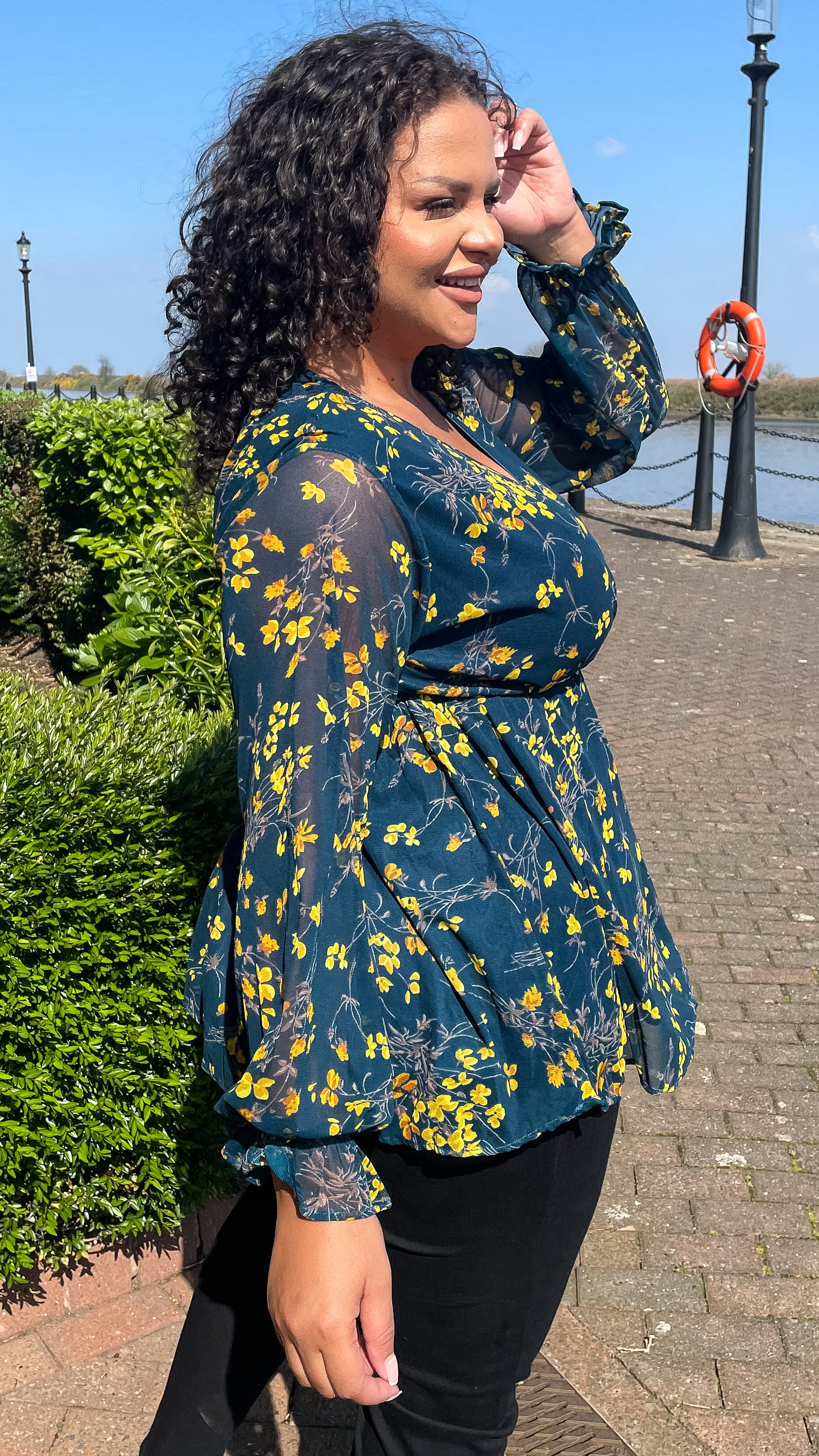 CurveWow Mesh Sleeve Wrap Top Navy Yellow Floral - Image 5