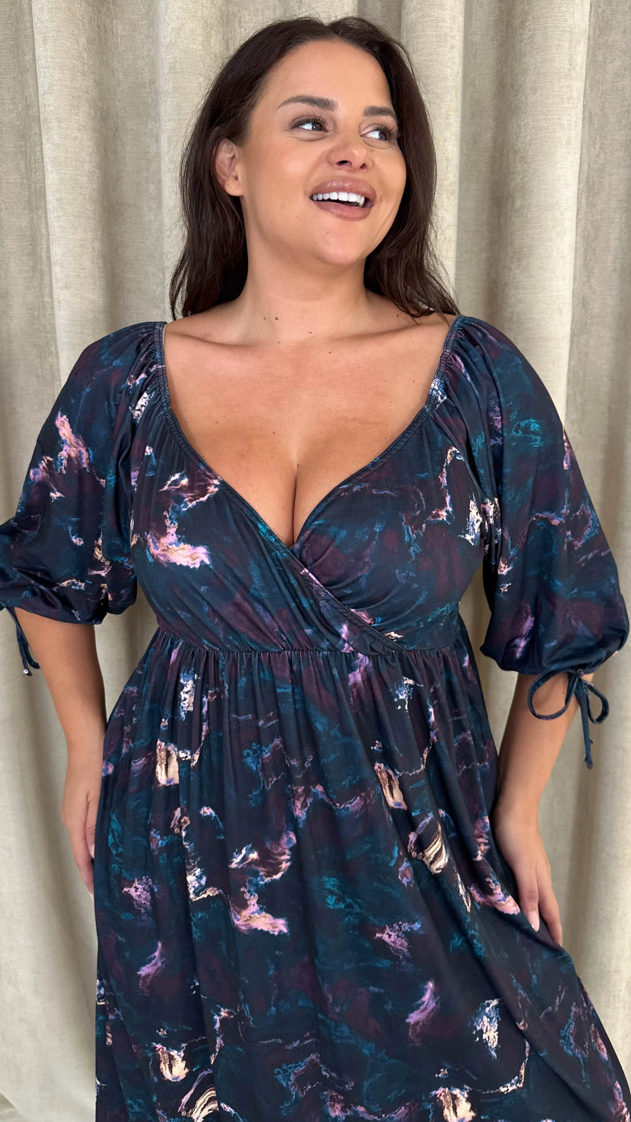 CurveWow Wrap 3/4 Balloon Sleeve Milkmaid Dress Black Marble - Image 2