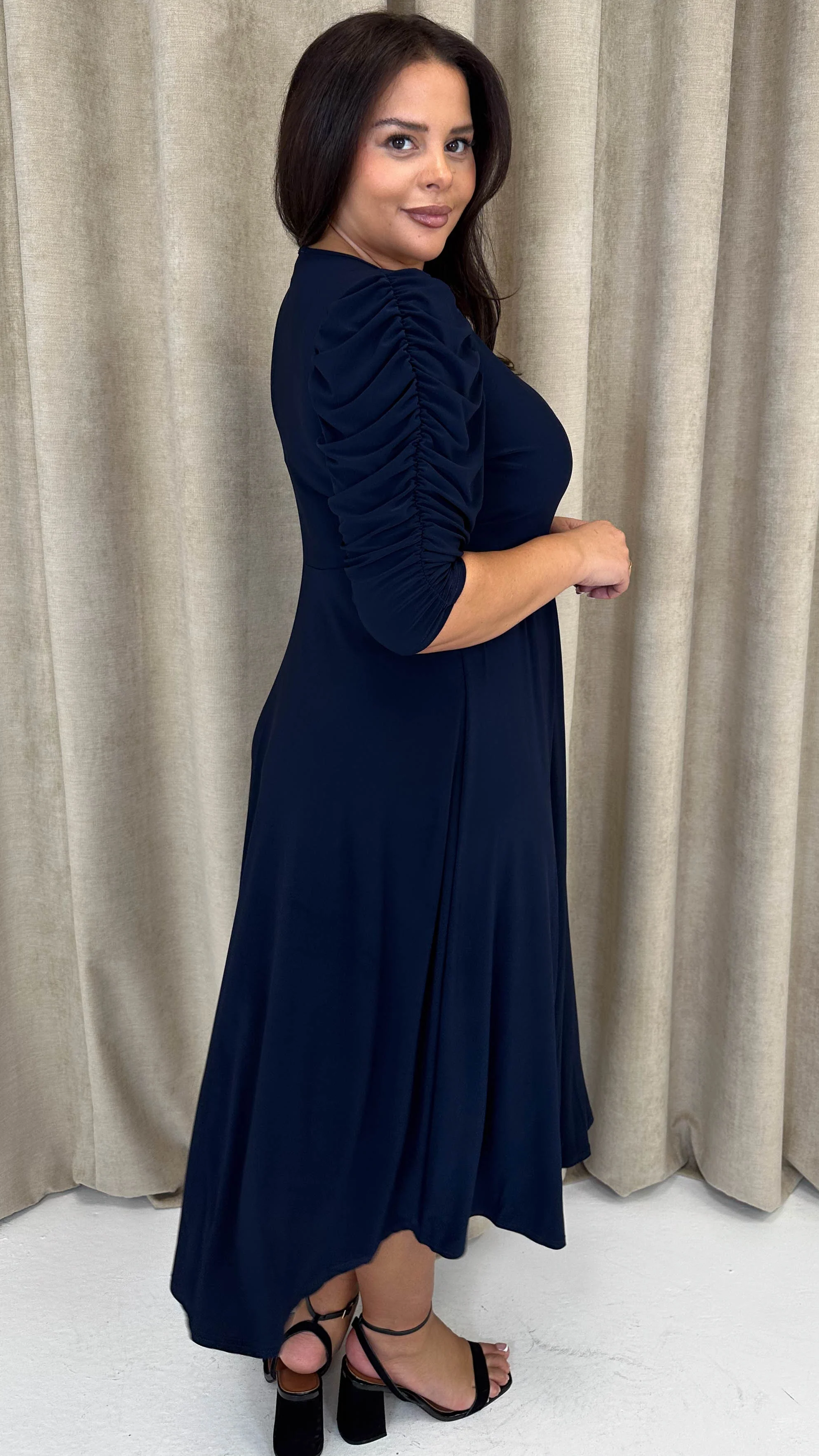 CurveWow 3/4 Balloon Sleeve Wrap Midi Dress Navy - Image 9