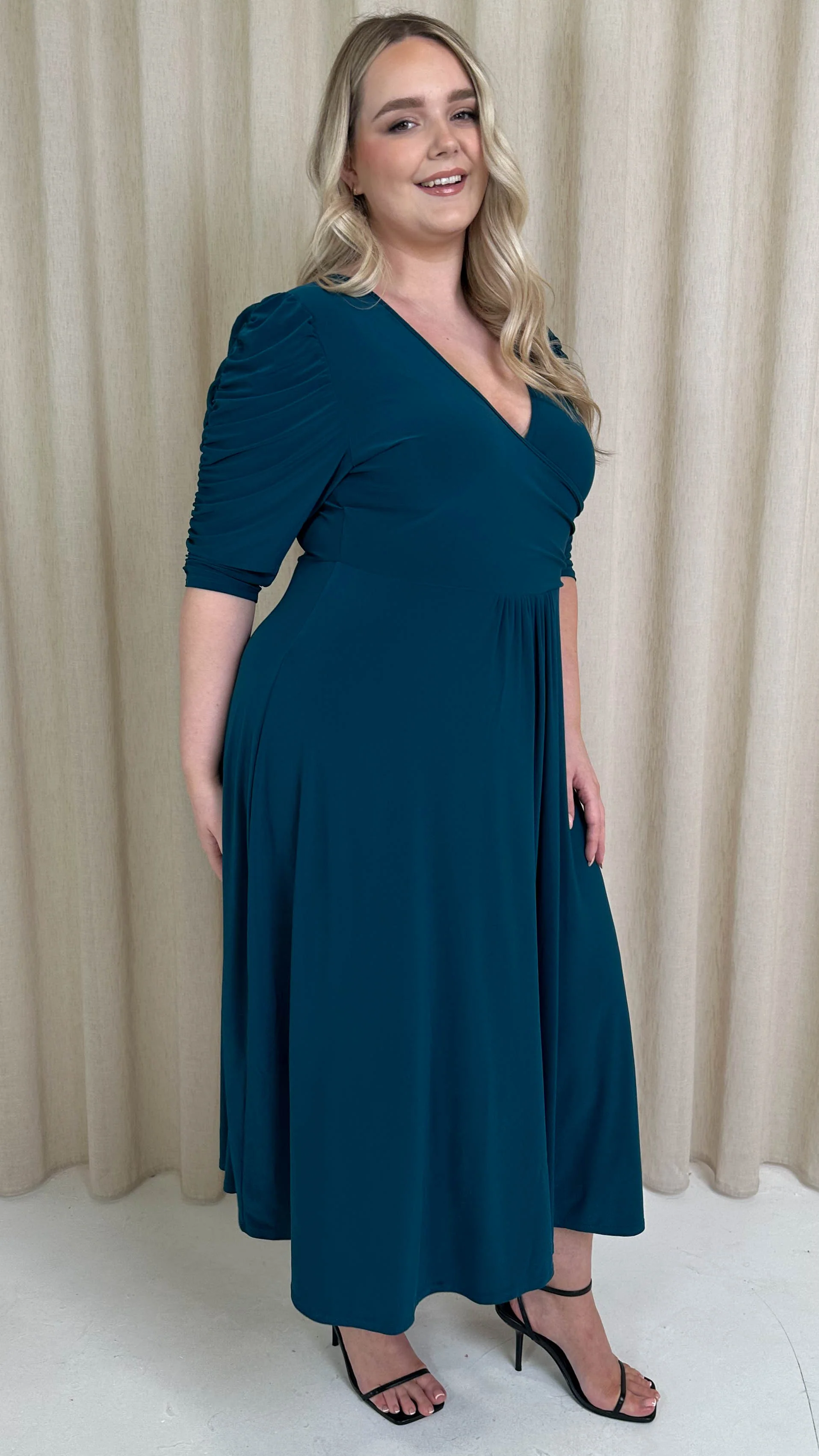 CurveWow 3/4 Balloon Sleeve Wrap Midi Dress Petrol - Image 6