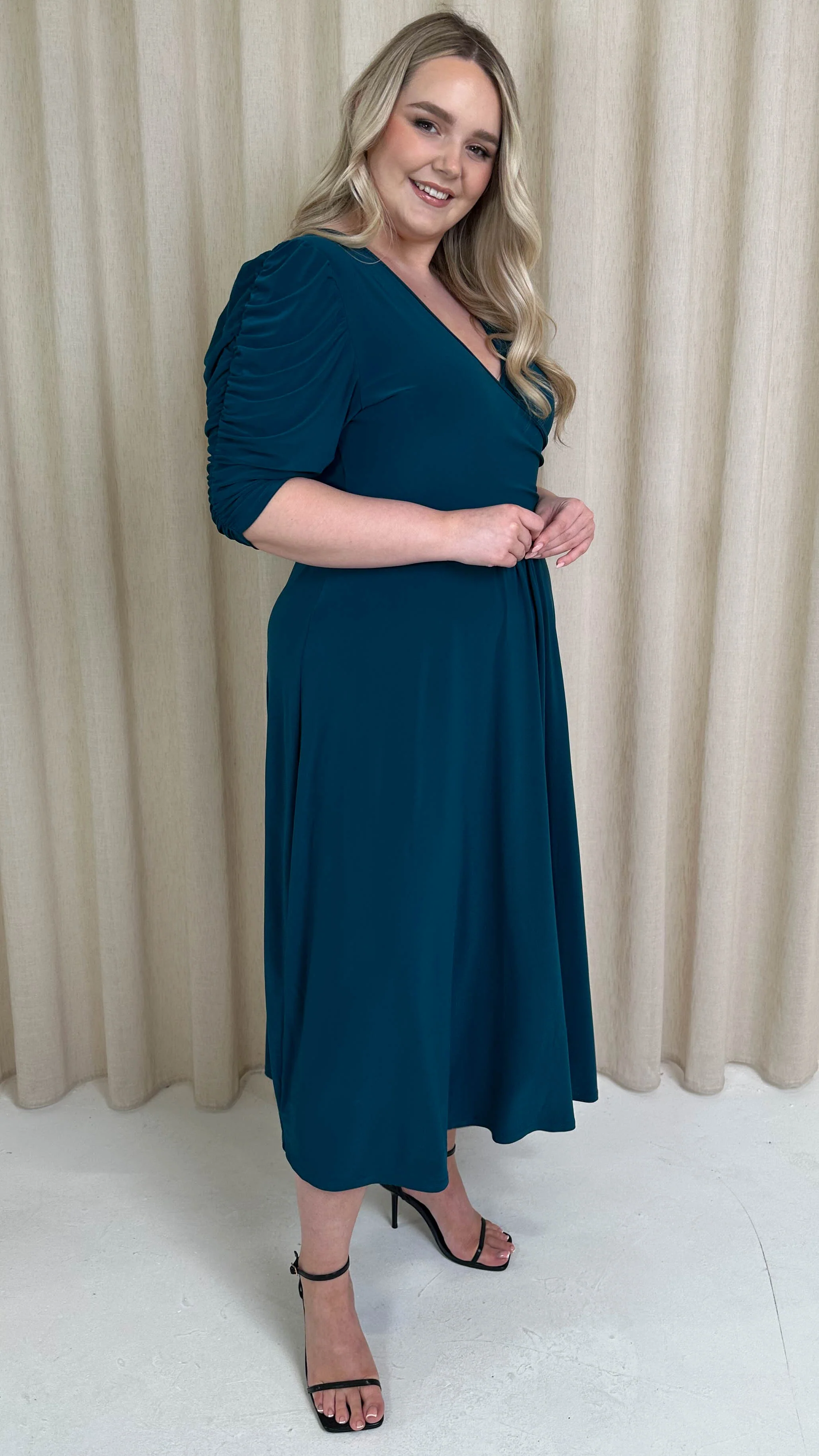 CurveWow 3/4 Balloon Sleeve Wrap Midi Dress Petrol - Image 7