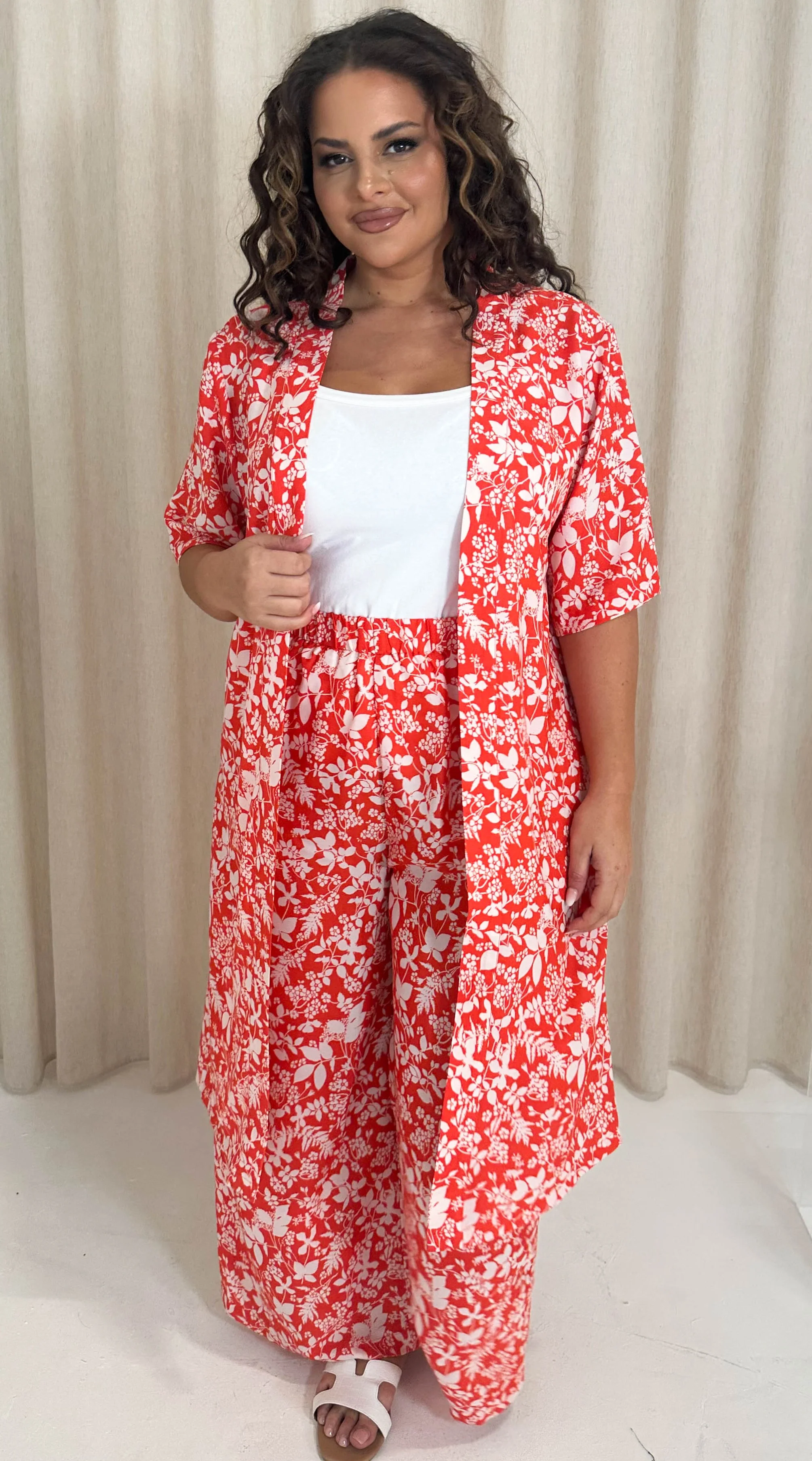 CurveWow 3/4 Sleeve Longline Kimono Red Floral - Image 3