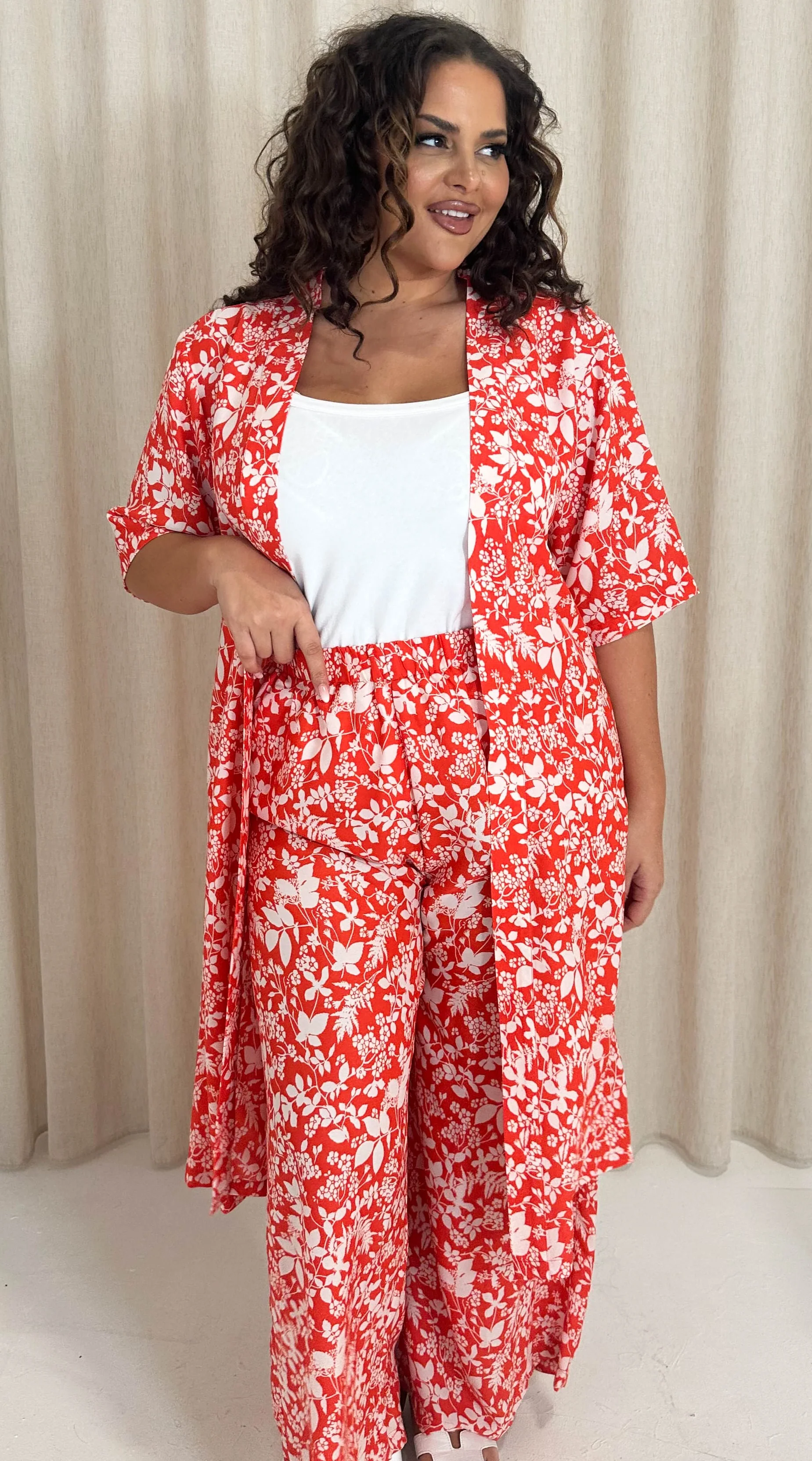 CurveWow 3/4 Sleeve Longline Kimono Red Floral - Image 4