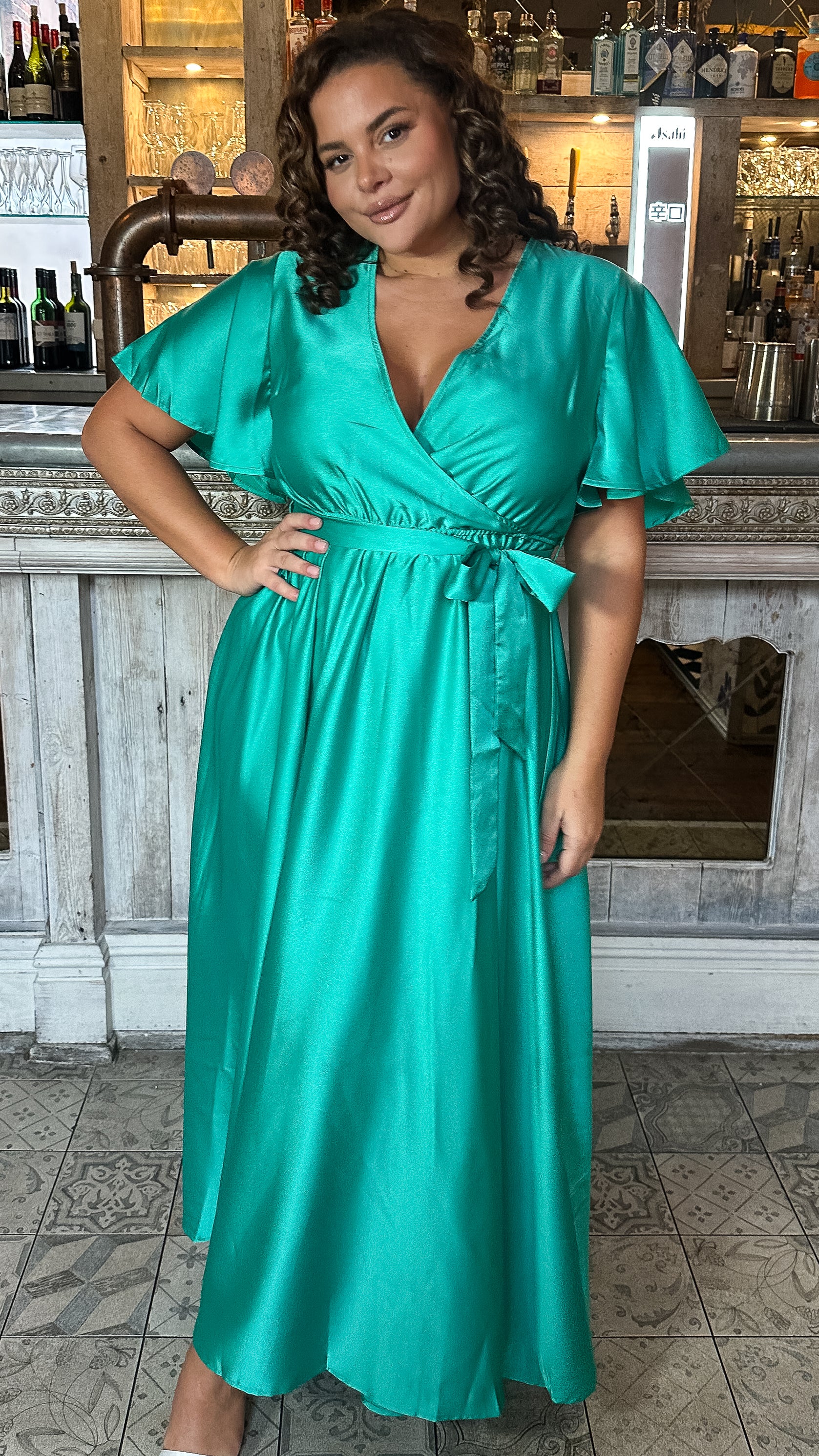 CurveWow Angel Sleeve Satin Maxi Dress Green - Image 3