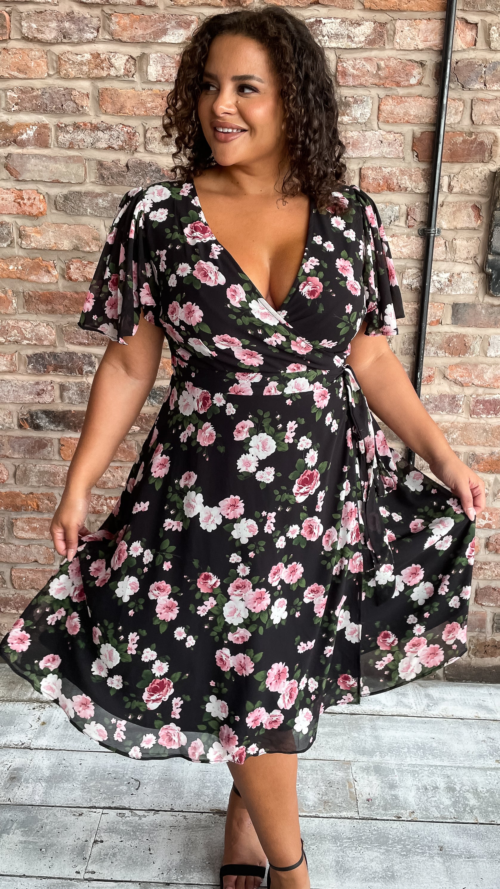 CurveWow Angel Sleeve Wrap Dress Black Pink Floral - Image 5