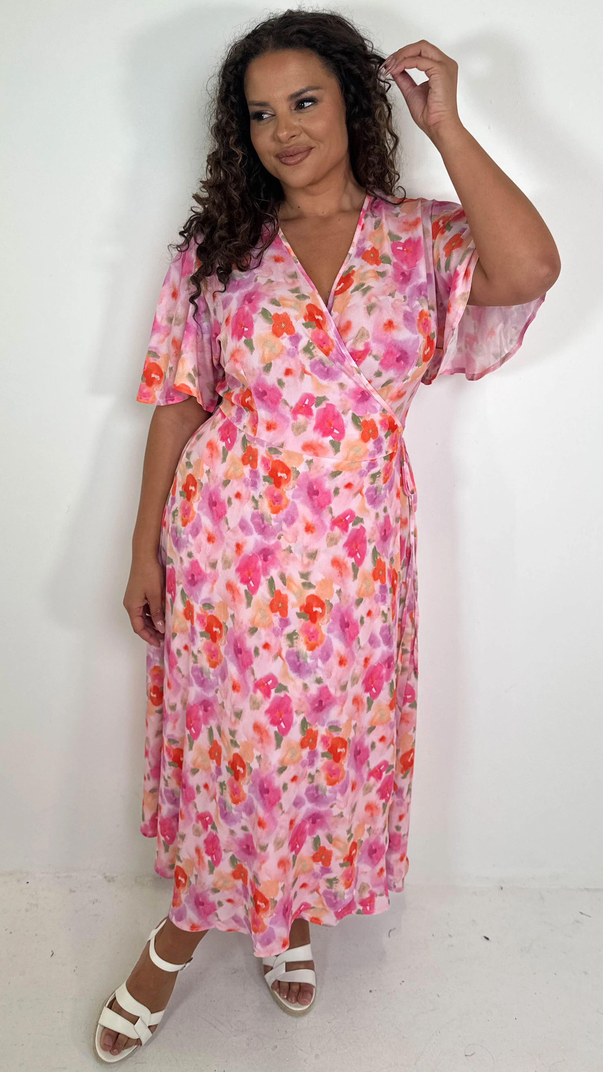 CurveWow Angel Sleeve Wrap Dress Pink Multi Floral - Image 3