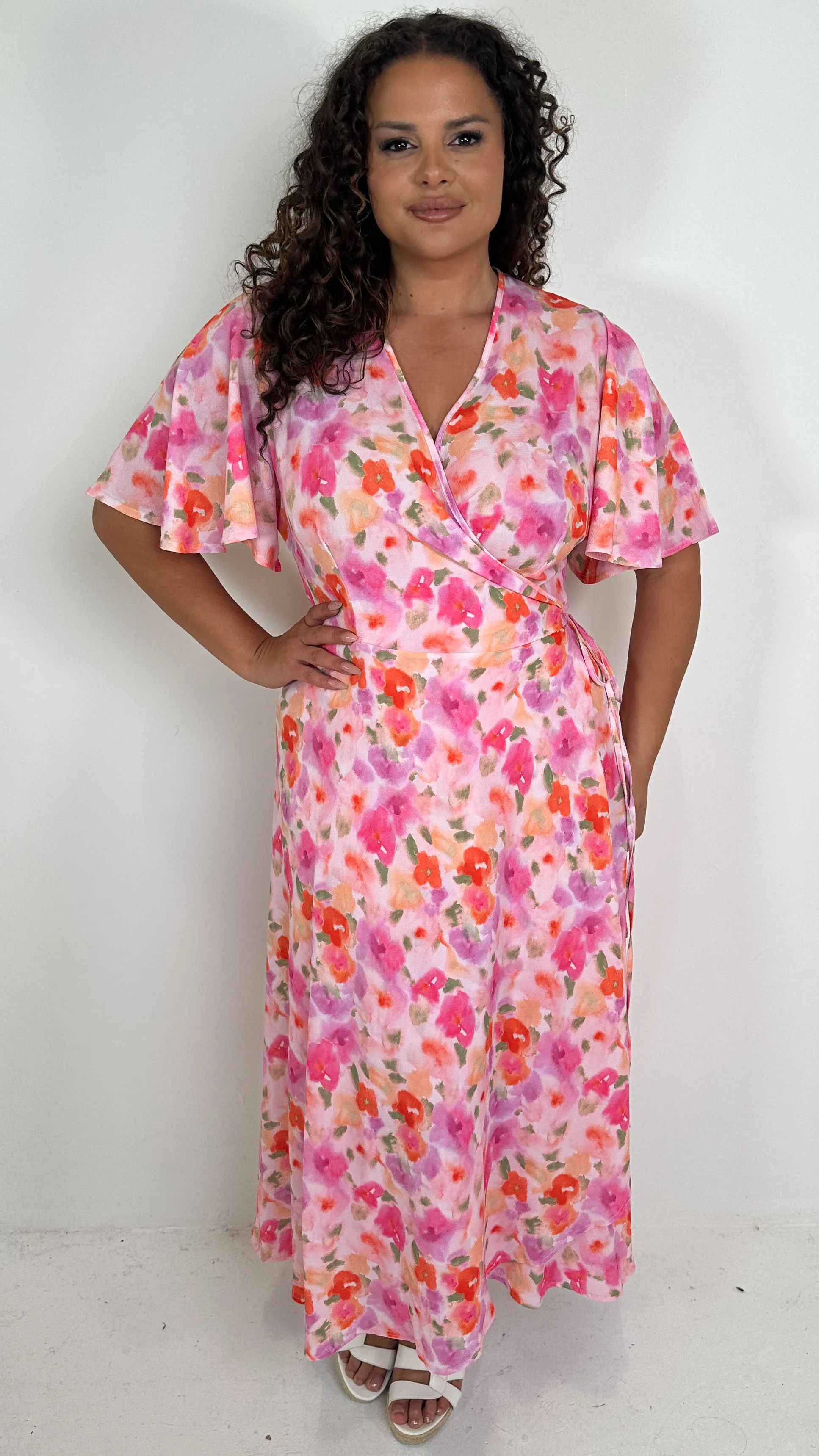 CurveWow Angel Sleeve Wrap Dress Pink Multi Floral - Image 4