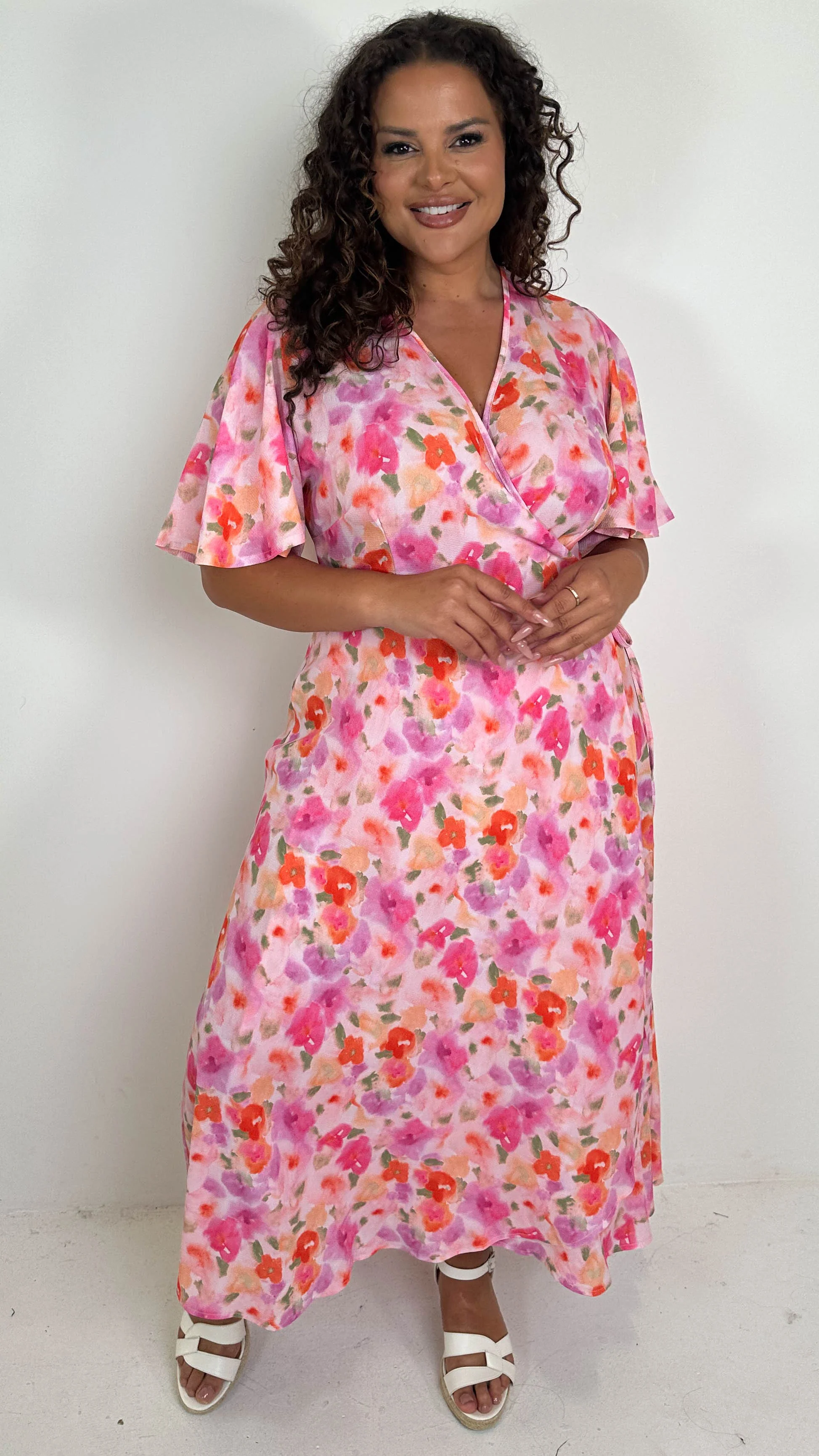CurveWow Angel Sleeve Wrap Dress Pink Multi Floral - Image 5