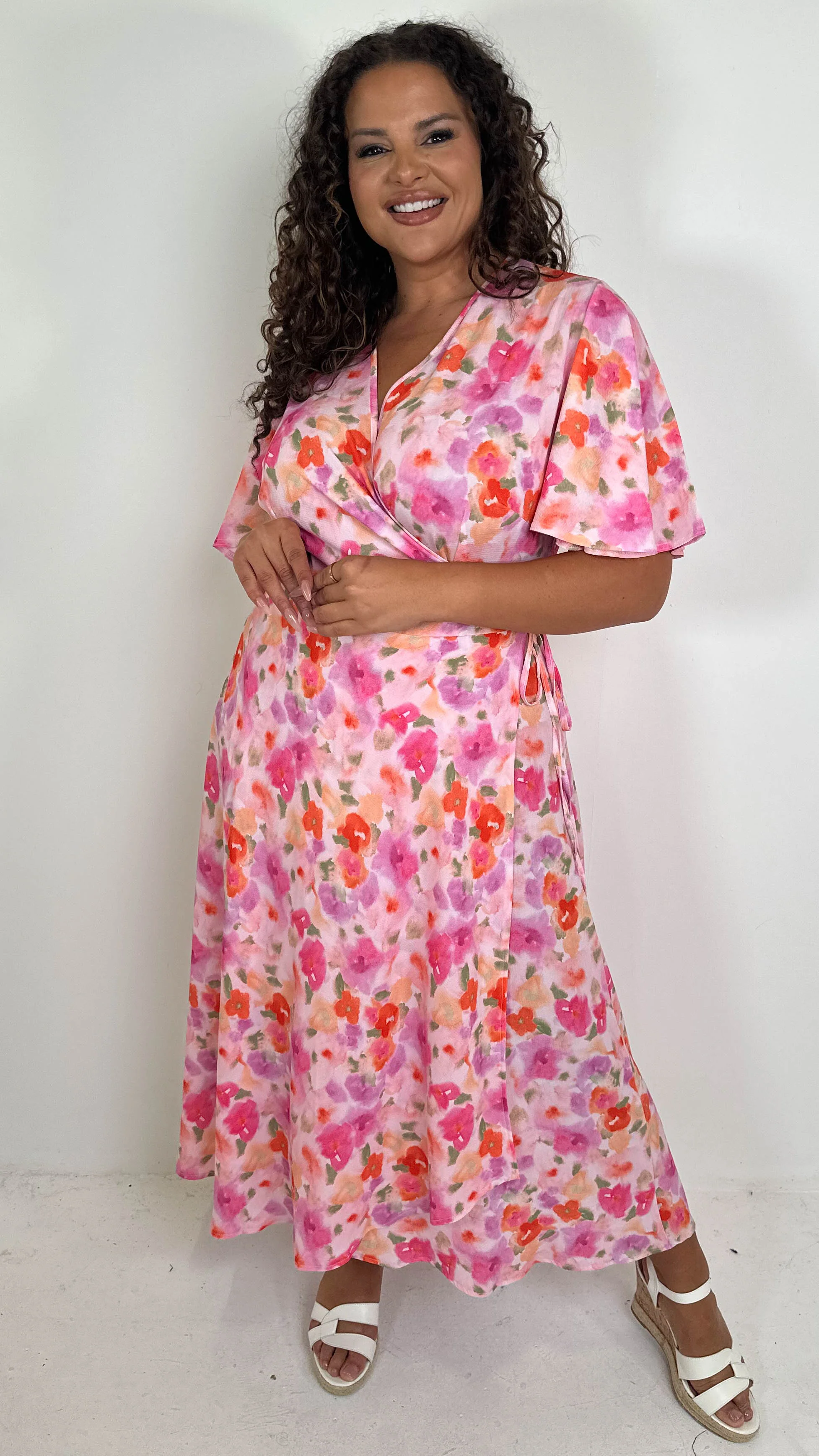 CurveWow Angel Sleeve Wrap Dress Pink Multi Floral - Image 6