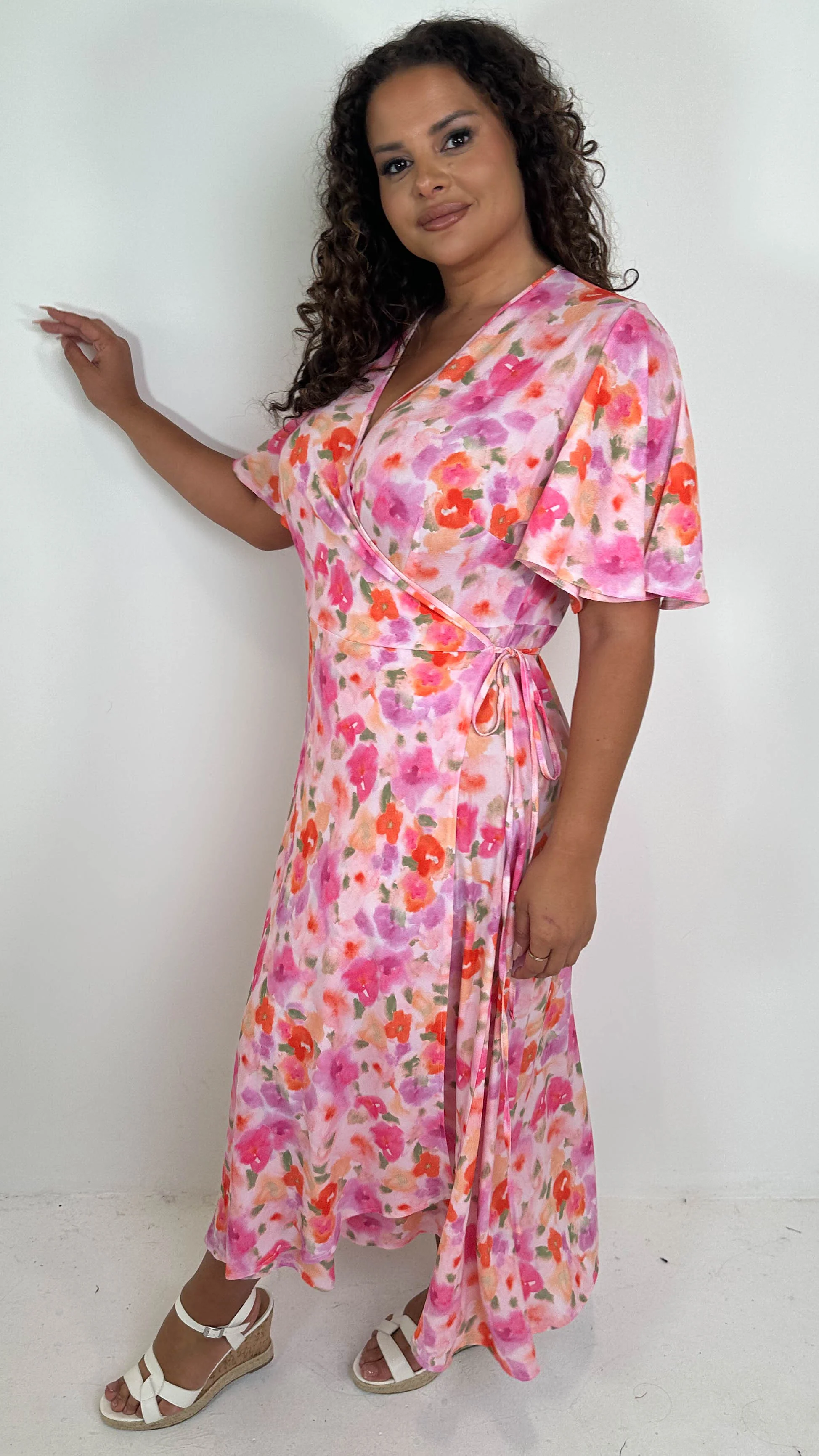 CurveWow Angel Sleeve Wrap Dress Pink Multi Floral - Image 7