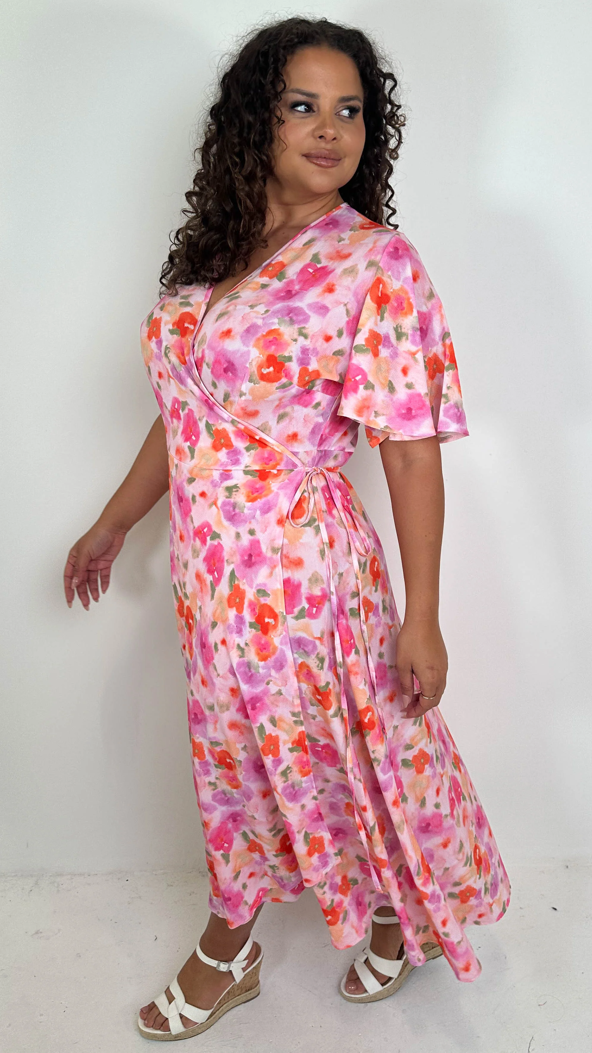 CurveWow Angel Sleeve Wrap Dress Pink Multi Floral - Image 8