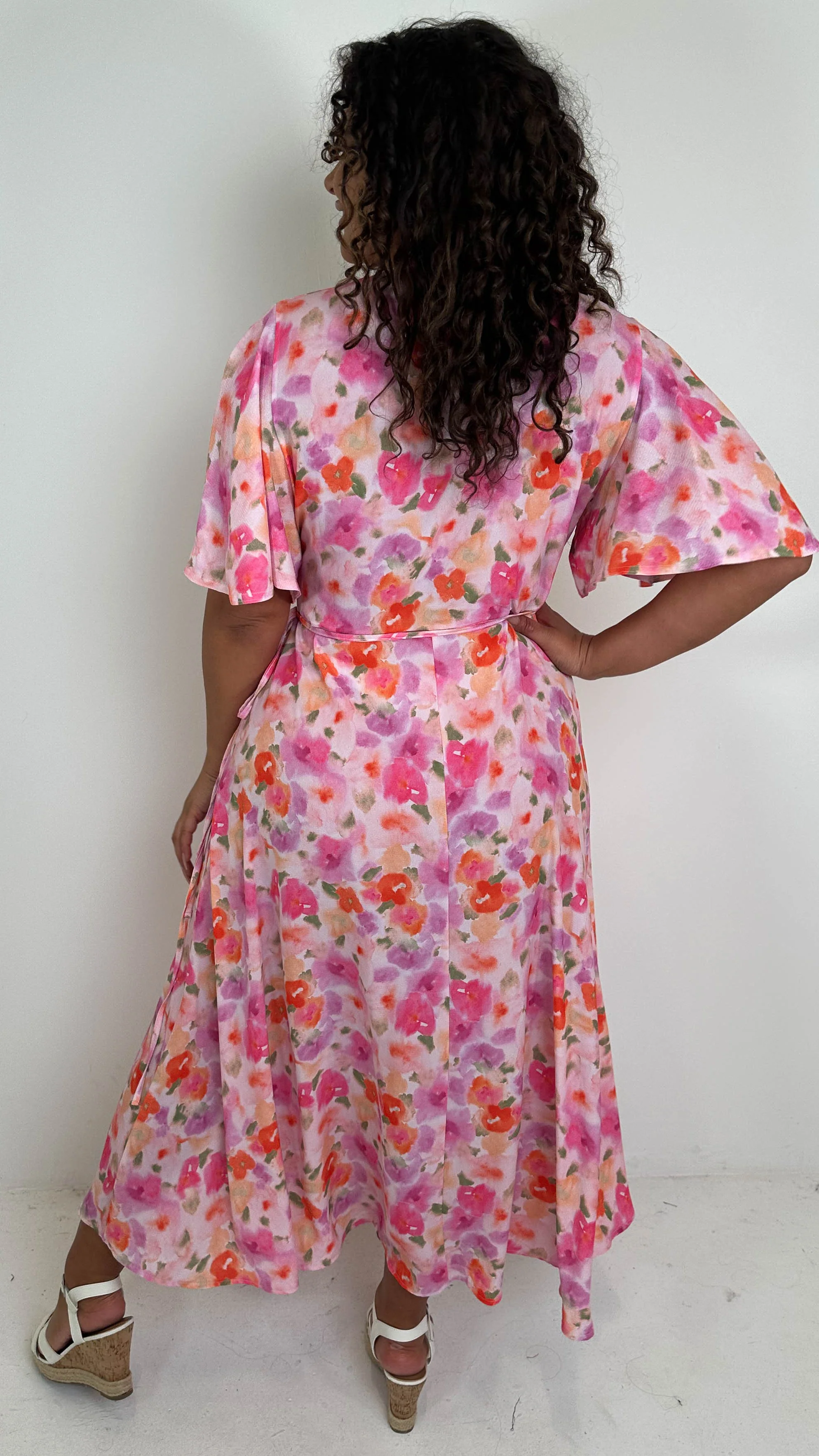 CurveWow Angel Sleeve Wrap Dress Pink Multi Floral - Image 9