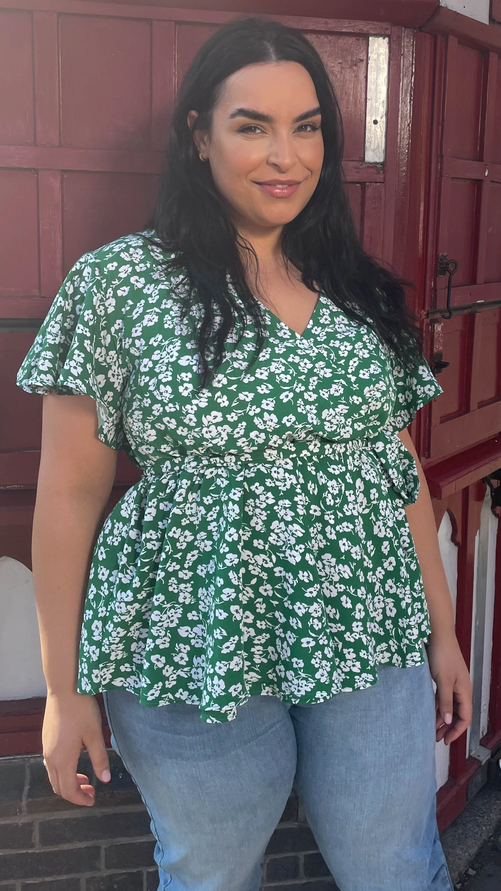 CurveWow Angel Sleeve Wrap Top Green Floral