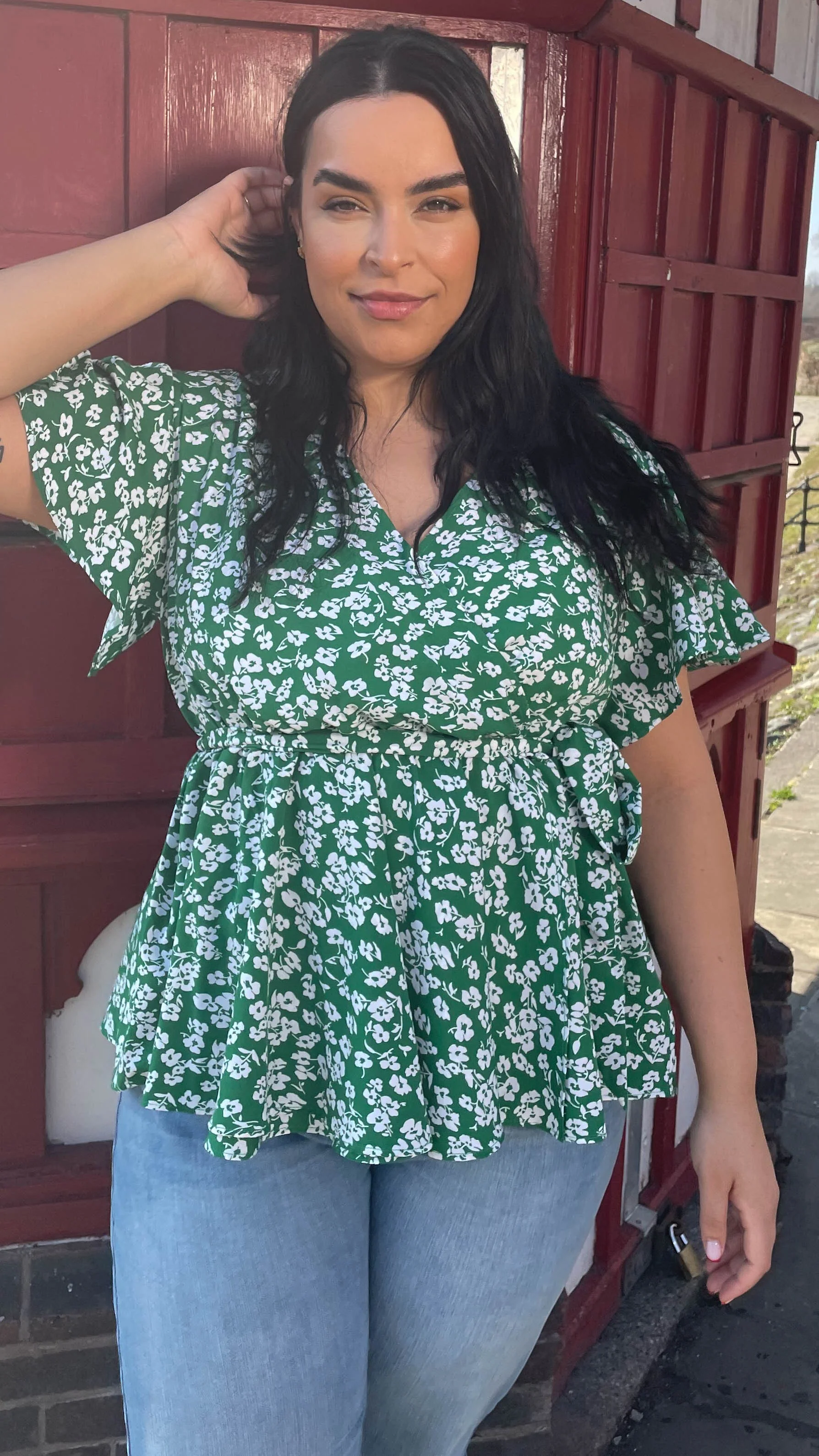 CurveWow Angel Sleeve Wrap Top Green Floral - Image 5