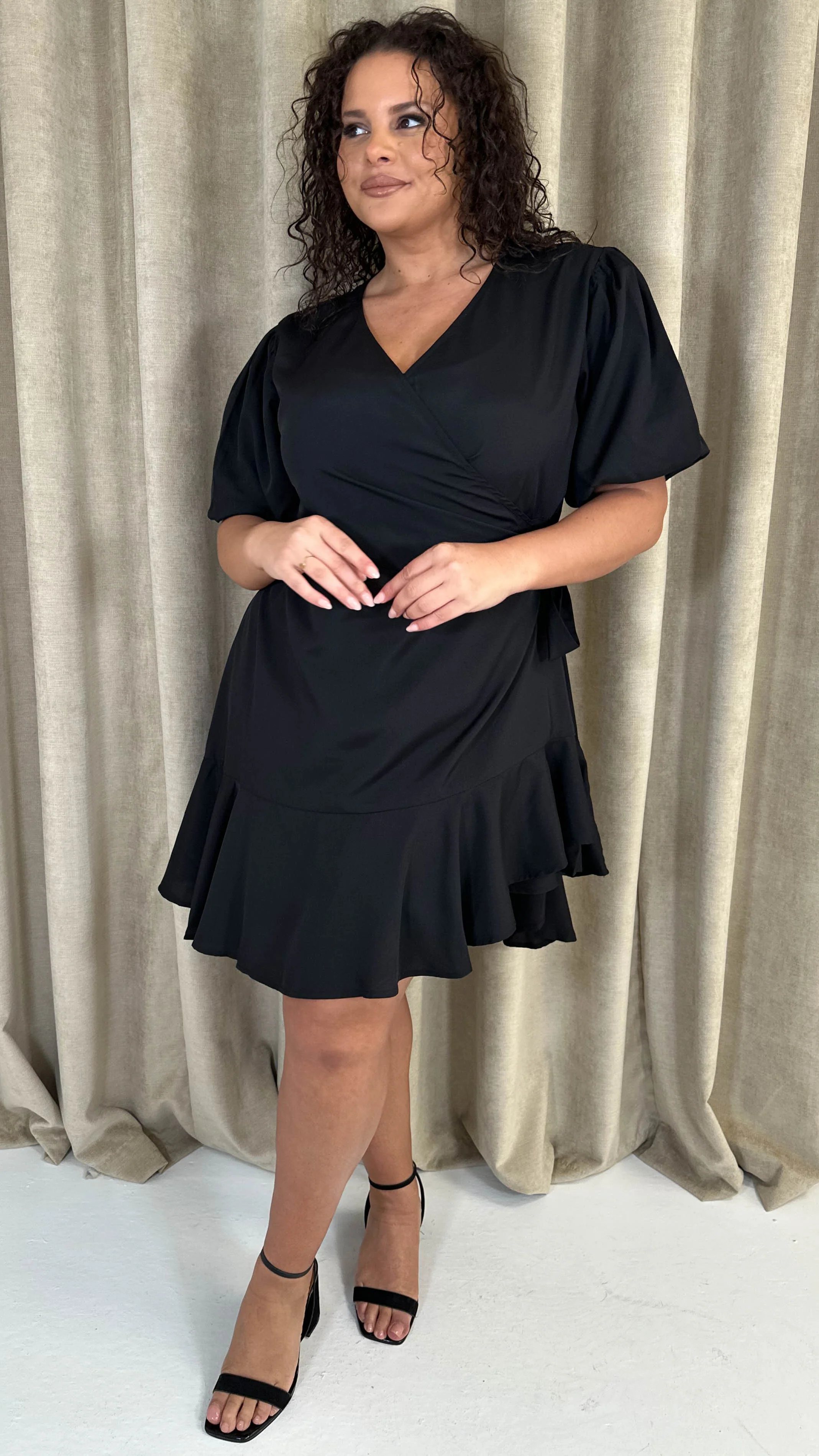 CurveWow Asymmetric Puff Sleeve Wrap Dress Black - Image 9