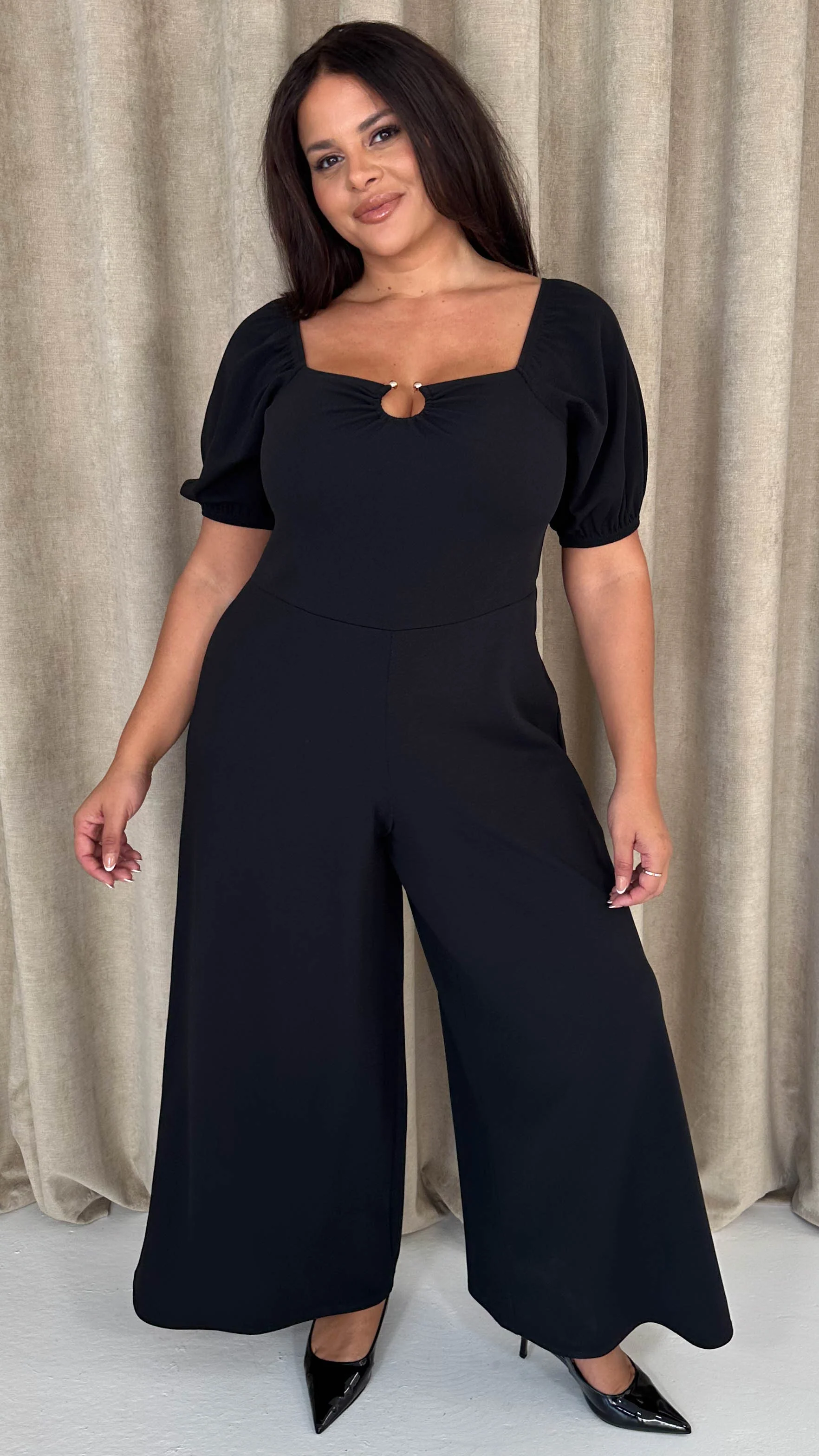 CurveWow O-Ring Milkmaid Wideleg Jumpsuit Black - Image 7