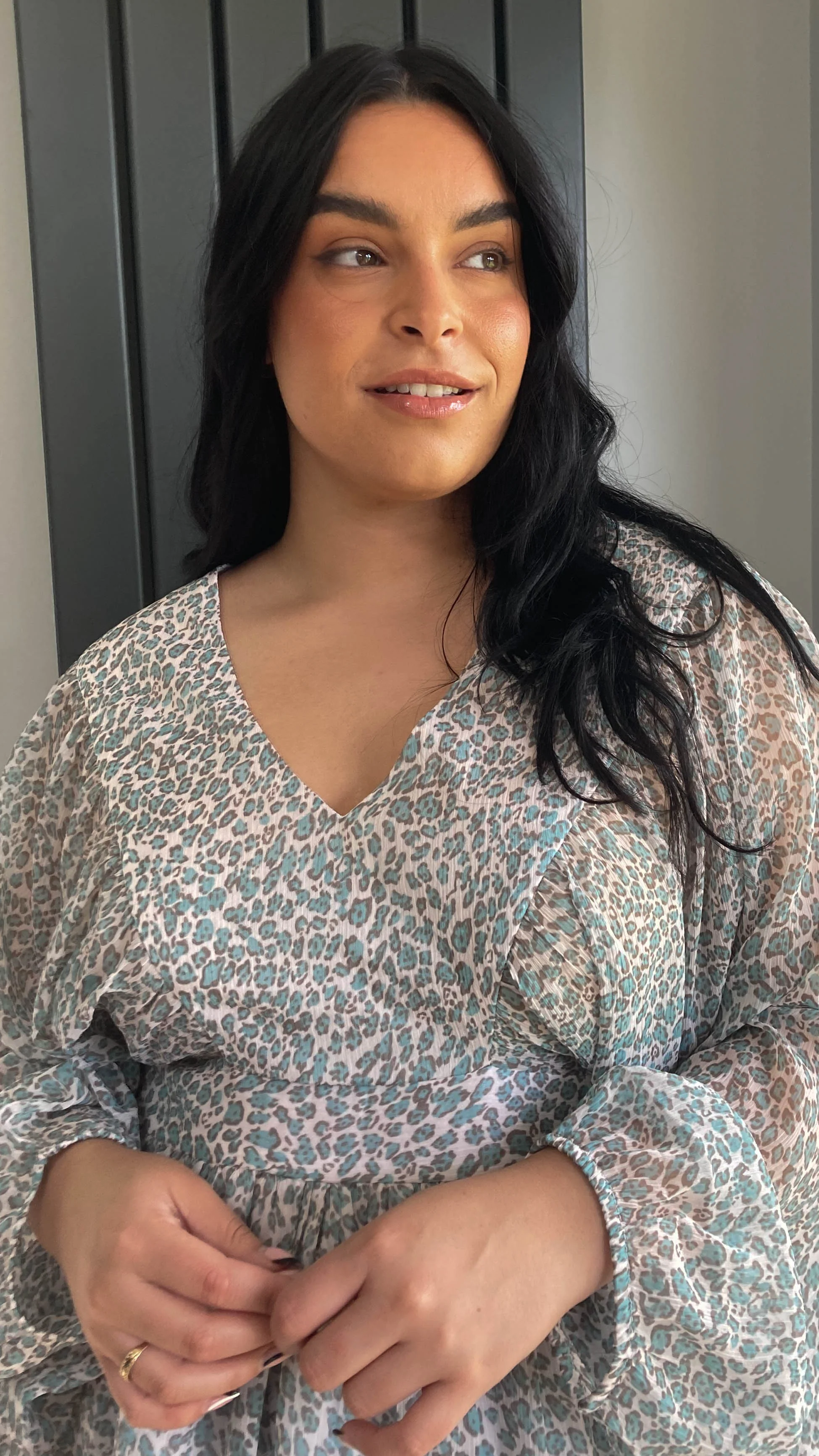 CurveWow Balloon Sleeve Blouse Green Leopard - Image 8