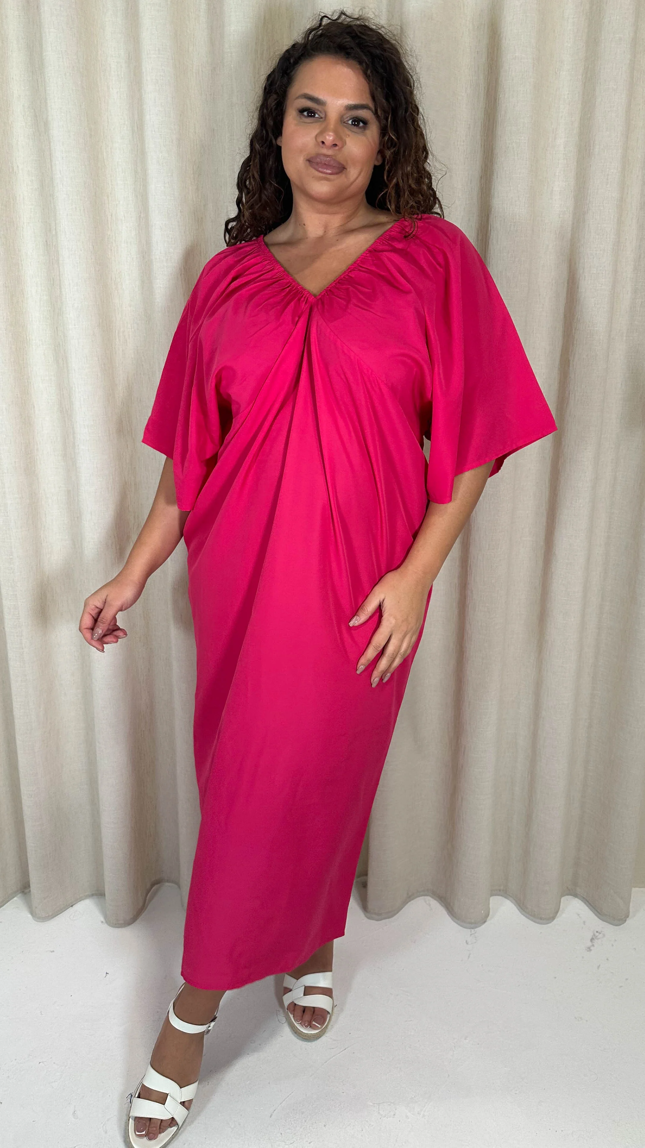 CurveWow Balloon Sleeve Kimono Midi Dress Pink - Image 3