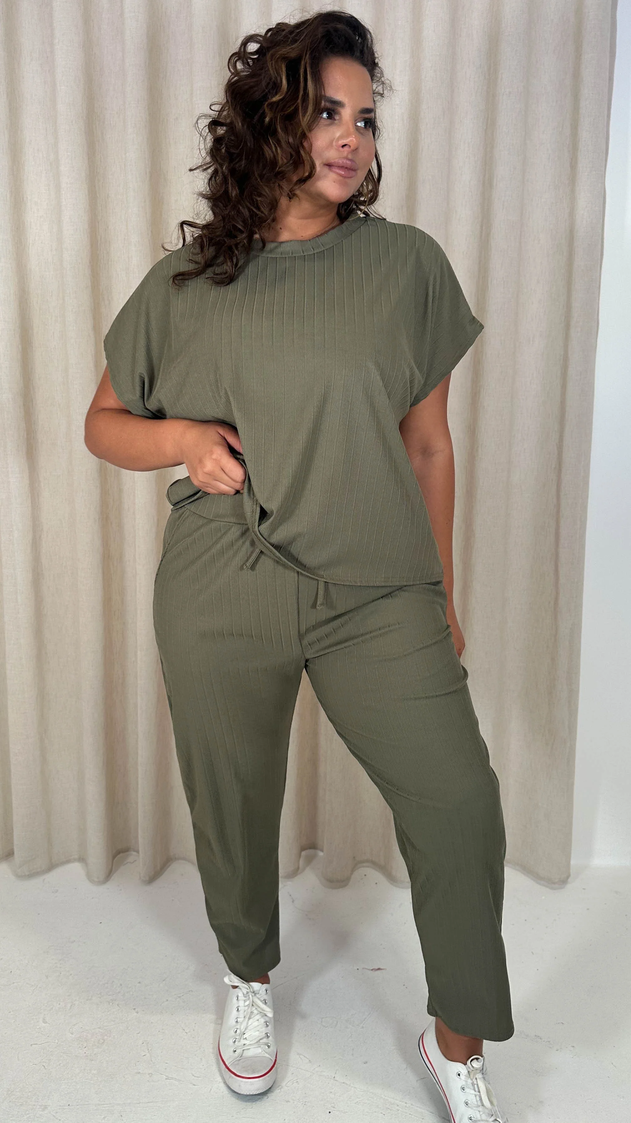 CurveWow Bandage Rib Lounge Oversized T-Shirt Khaki - Image 7