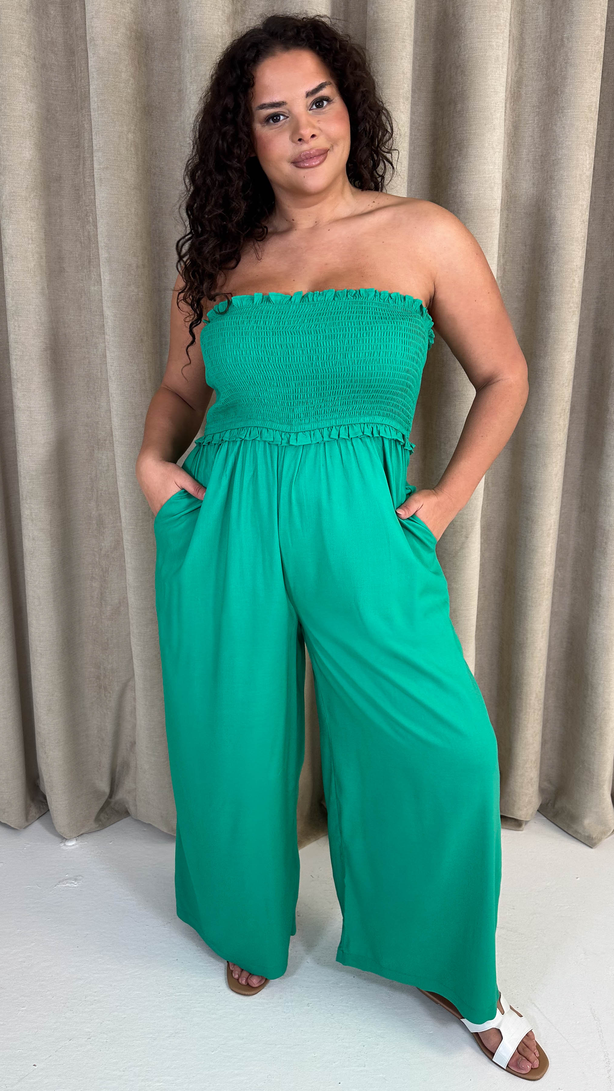 CurveWow Bandeau Wide Leg Jumpsuit Green - Image 3