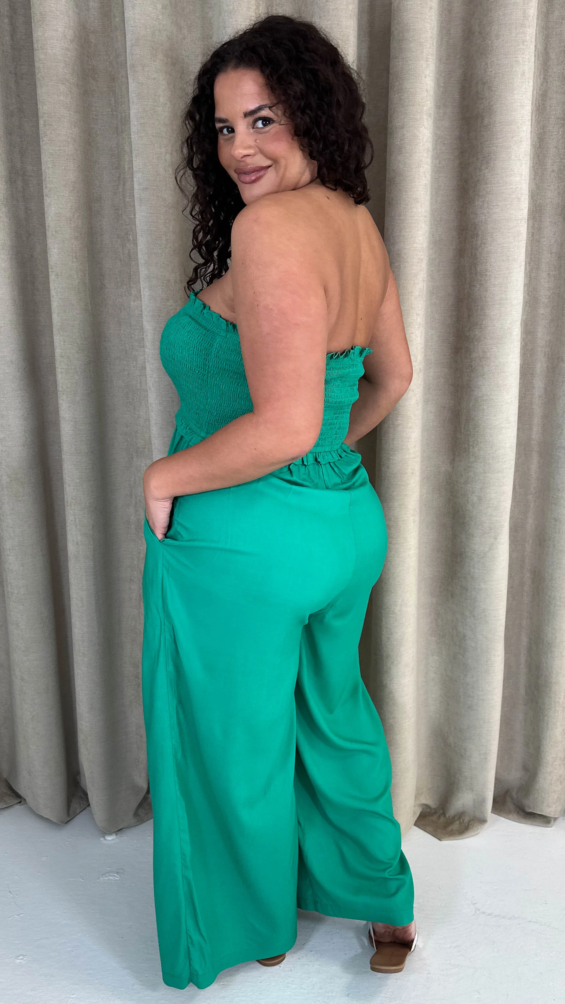 CurveWow Bandeau Wide Leg Jumpsuit Green - Image 6