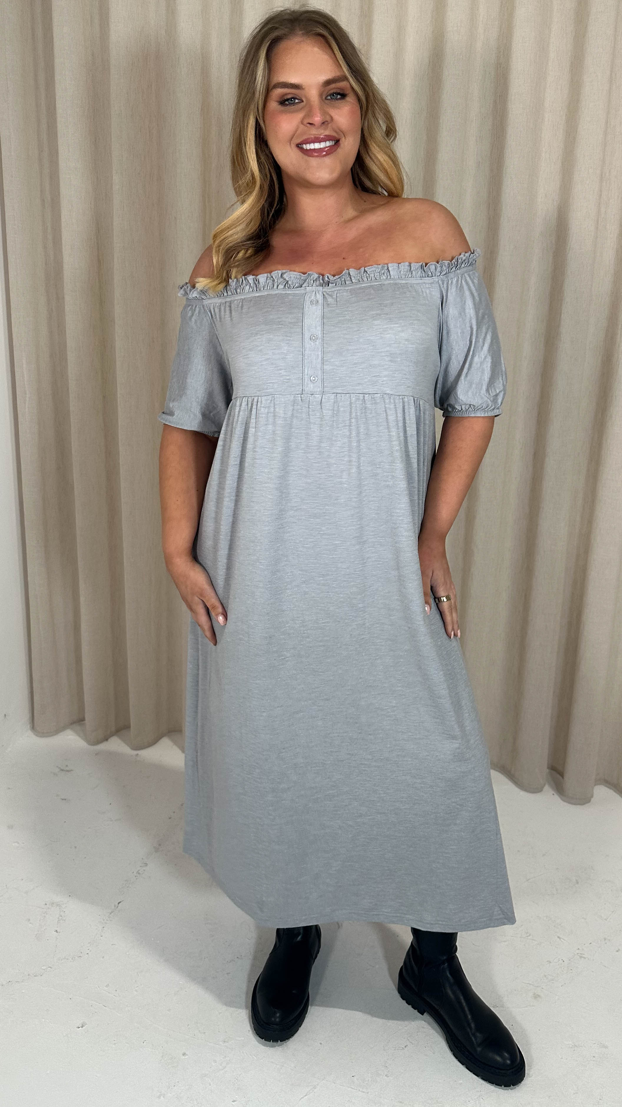CurveWow Bardot Button Front Dress Grey Marl - Image 5
