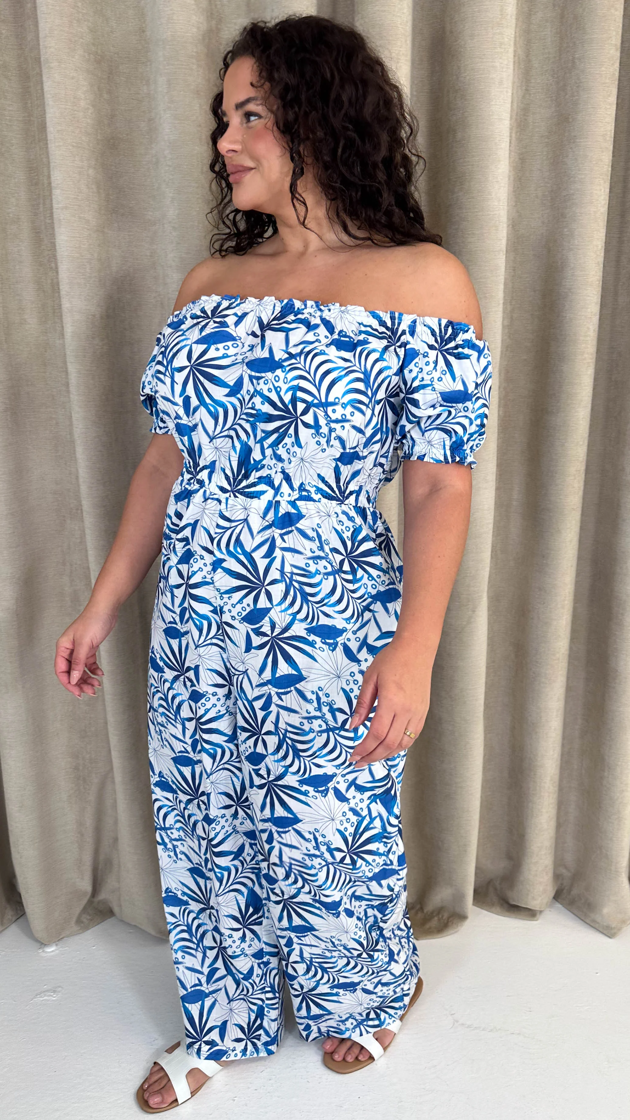 CurveWow Bardot Frill Jumpsuit Blue Leaf - Image 4