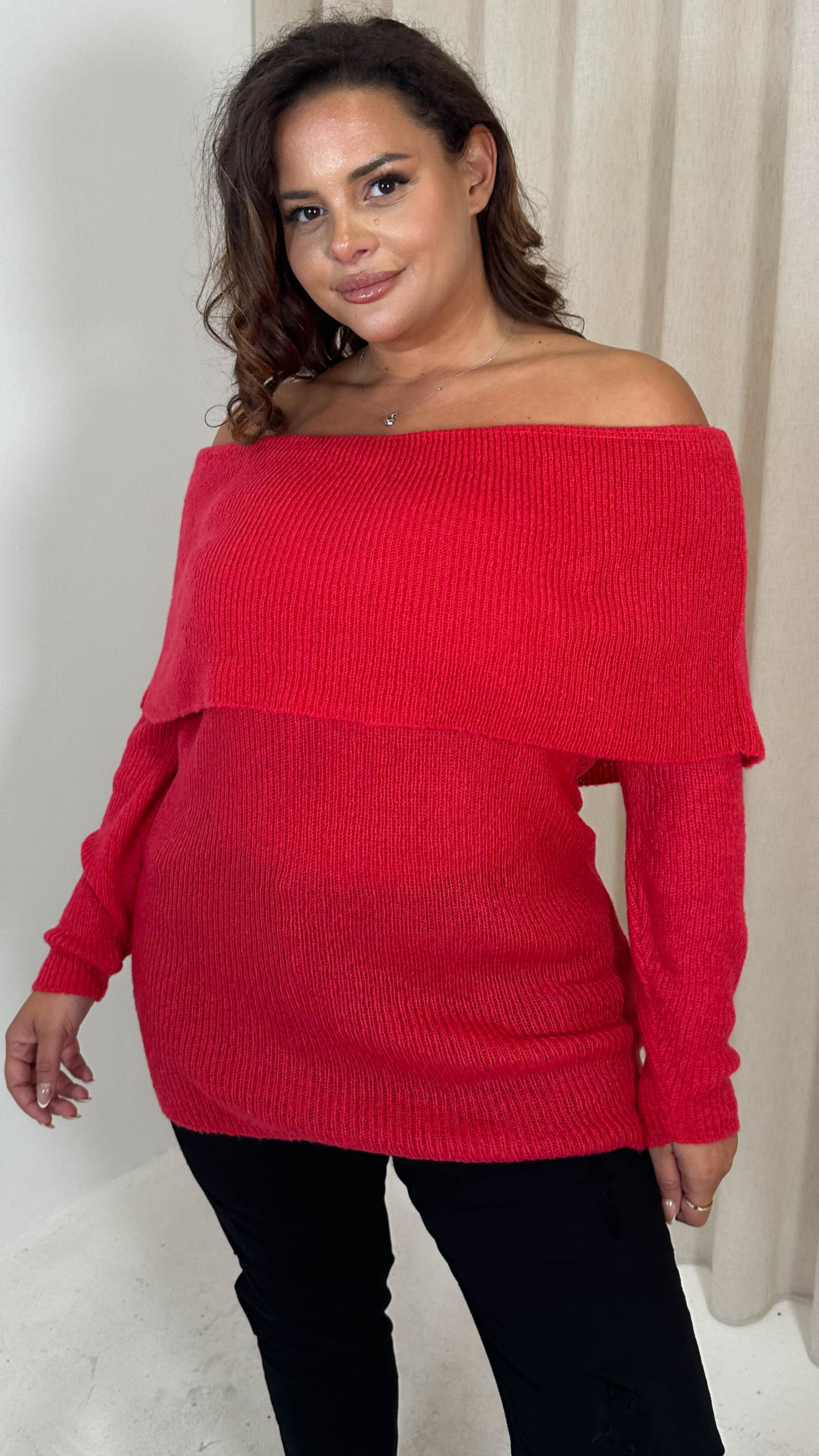 CurveWow Bardot Super Soft Knitted Jumper China Red - Image 5