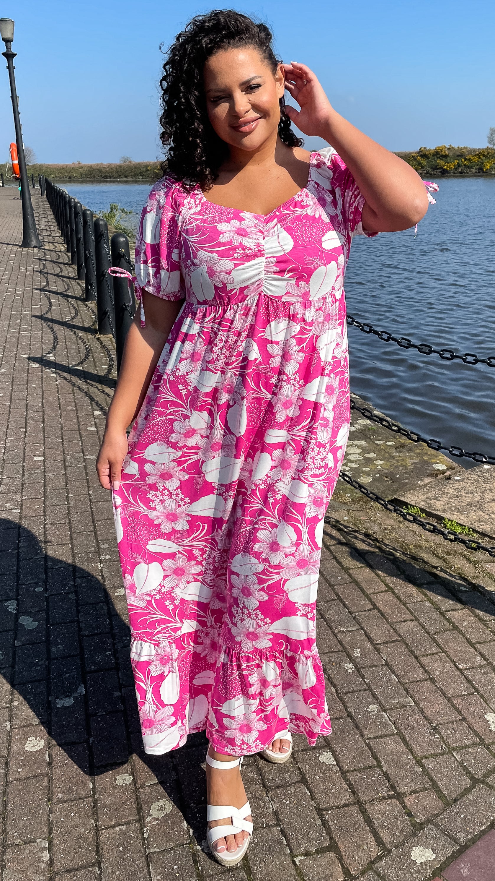 CurveWow Bardot Maxi Dress Pink Floral - Image 6