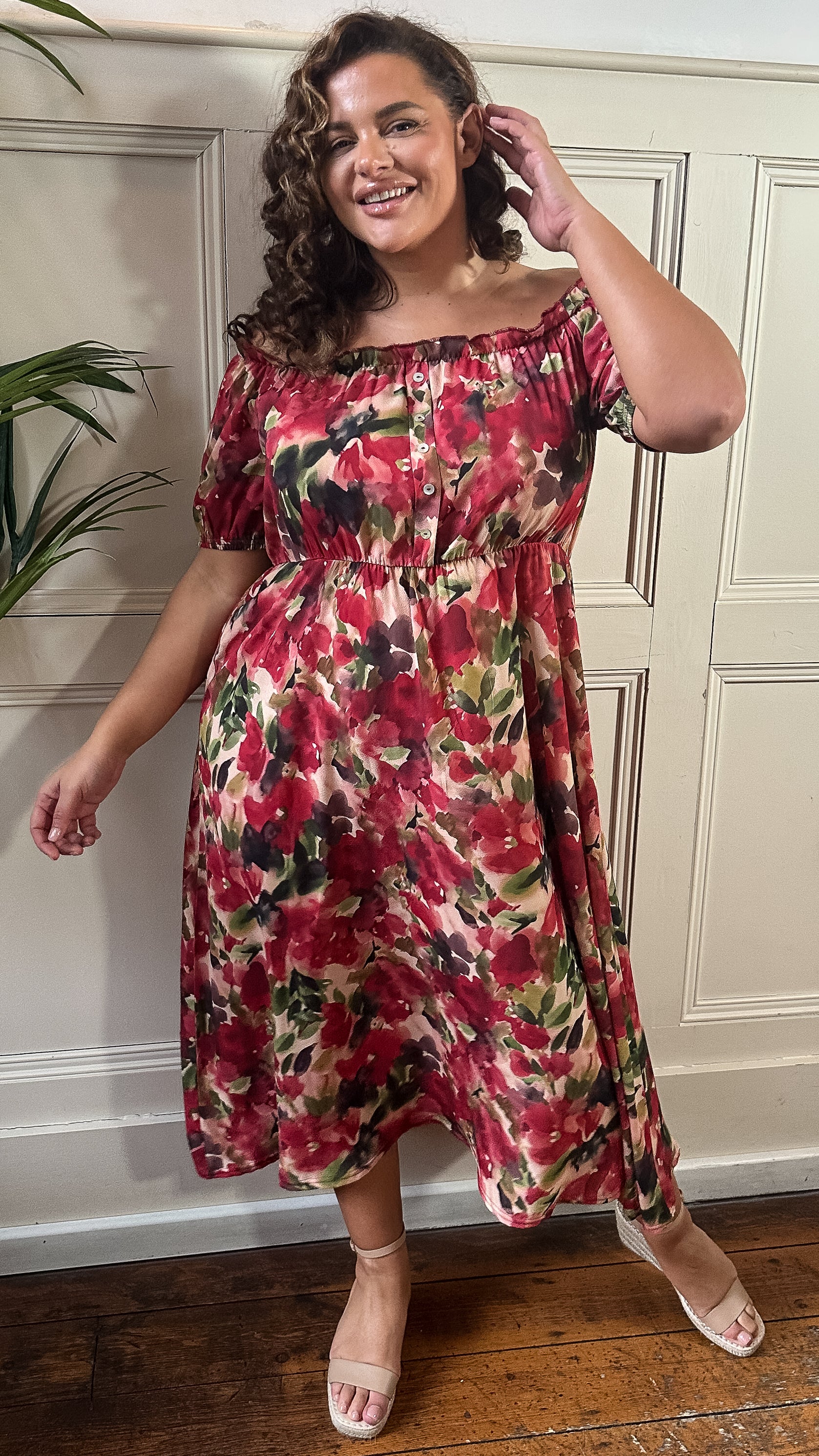 CurveWow Bardot Midi Dress Printed Blurred Floral - Image 5