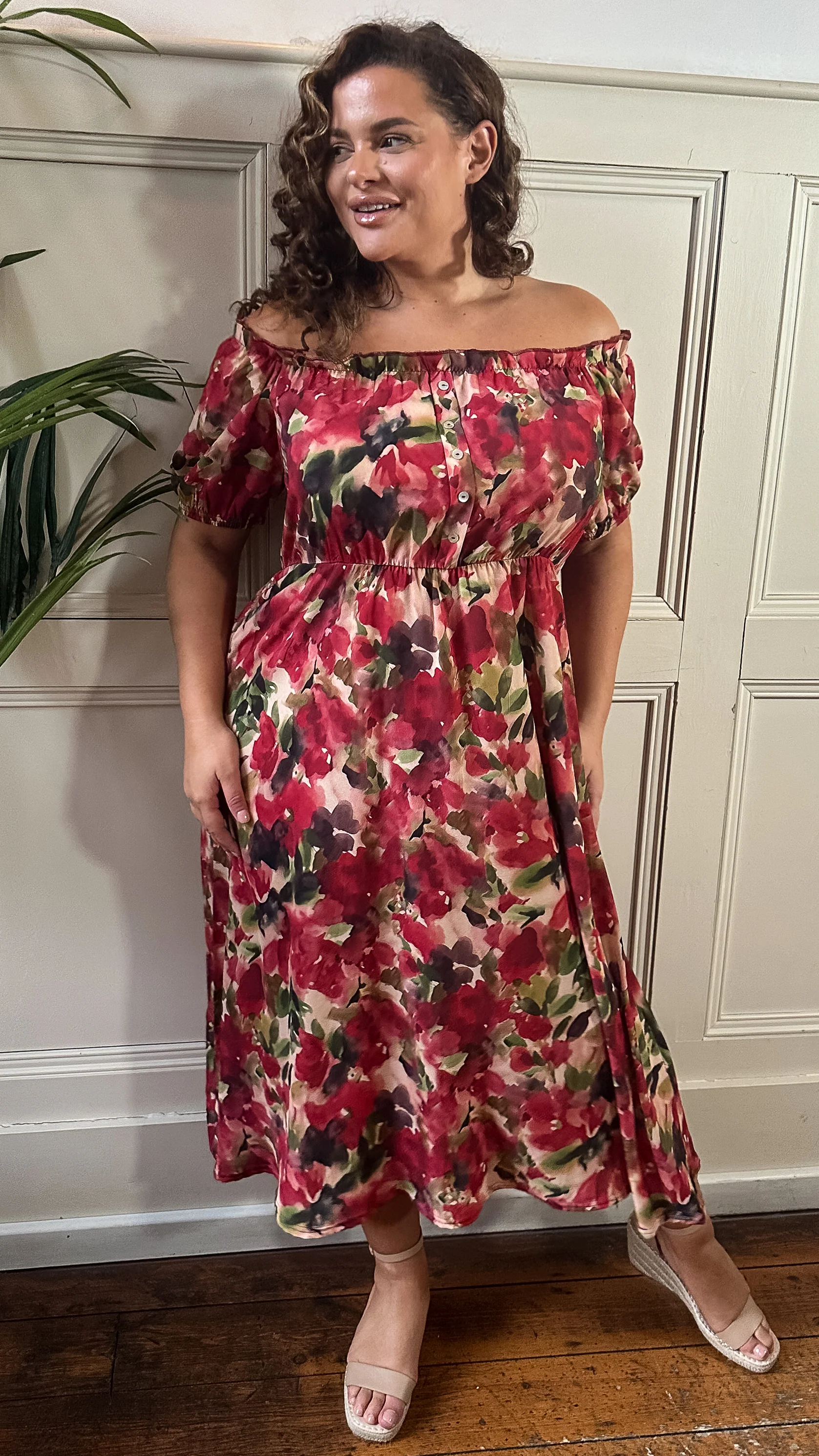 CurveWow Bardot Midi Dress Printed Blurred Floral - Image 6