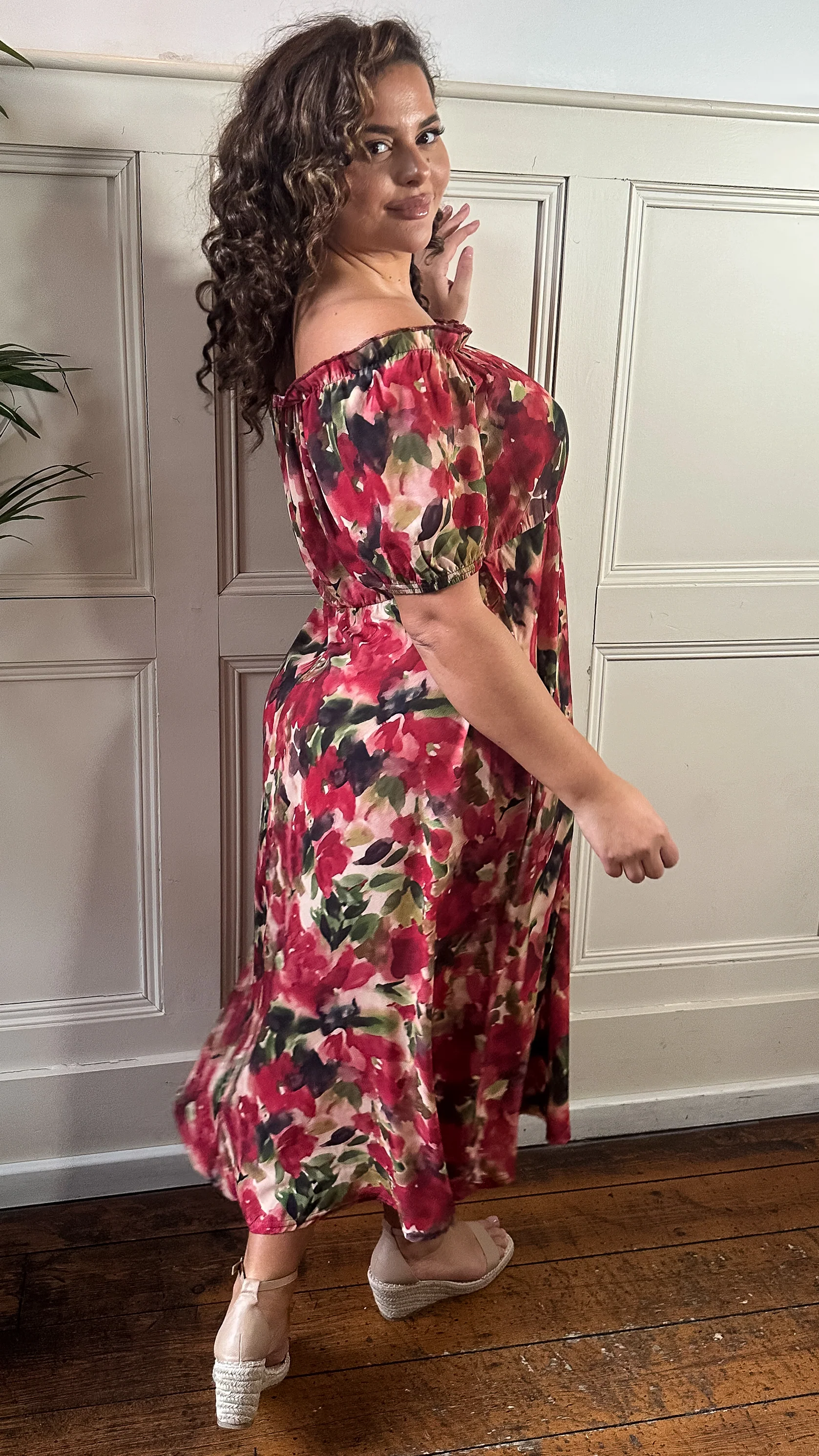 CurveWow Bardot Midi Dress Printed Blurred Floral - Image 7