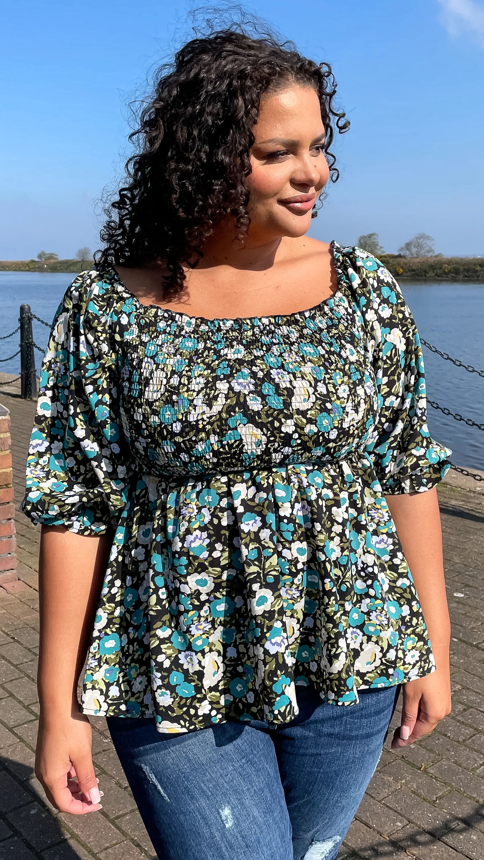 CurveWow Peplum Top Black Ground Floral
