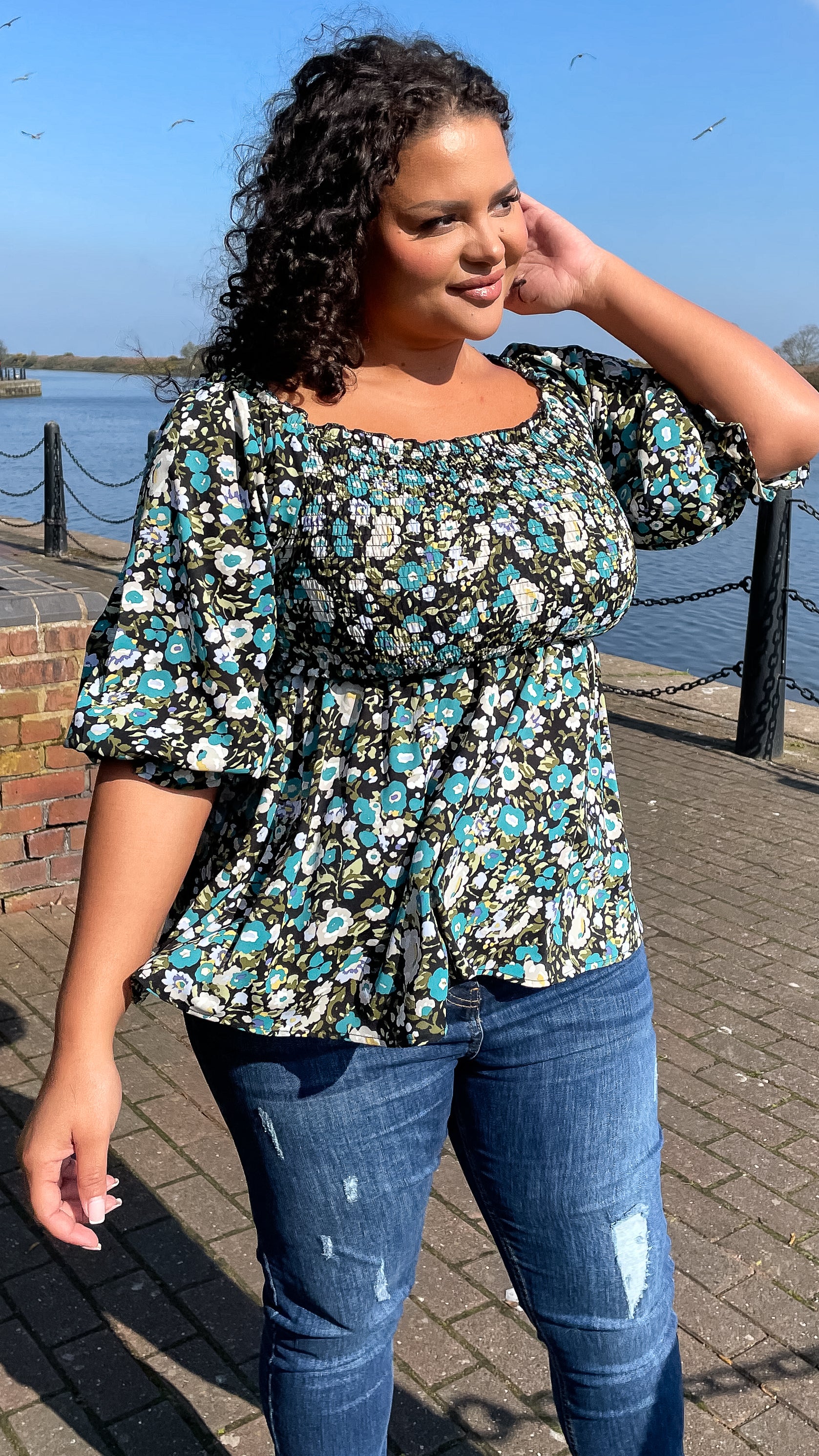 CurveWow Peplum Top Black Ground Floral - Image 2