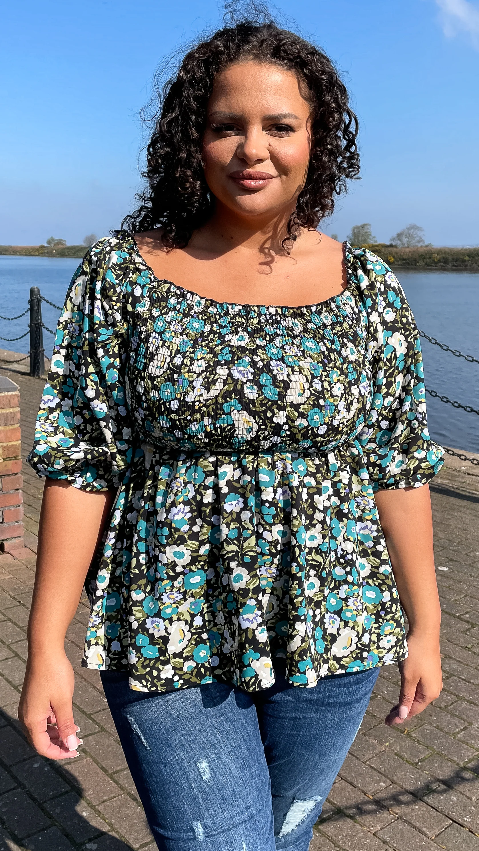 CurveWow Peplum Top Black Ground Floral - Image 4
