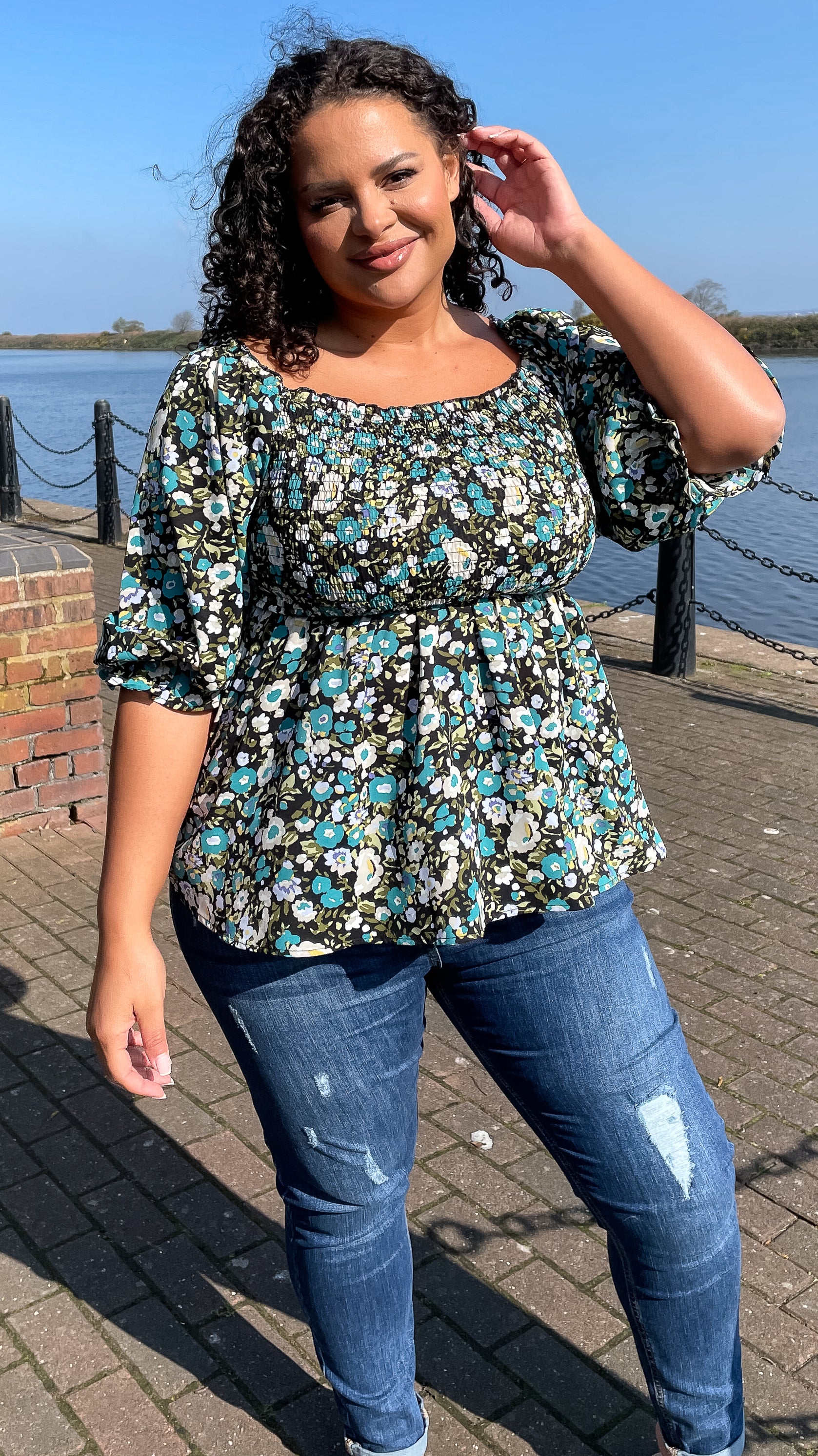 CurveWow Peplum Top Black Ground Floral - Image 6