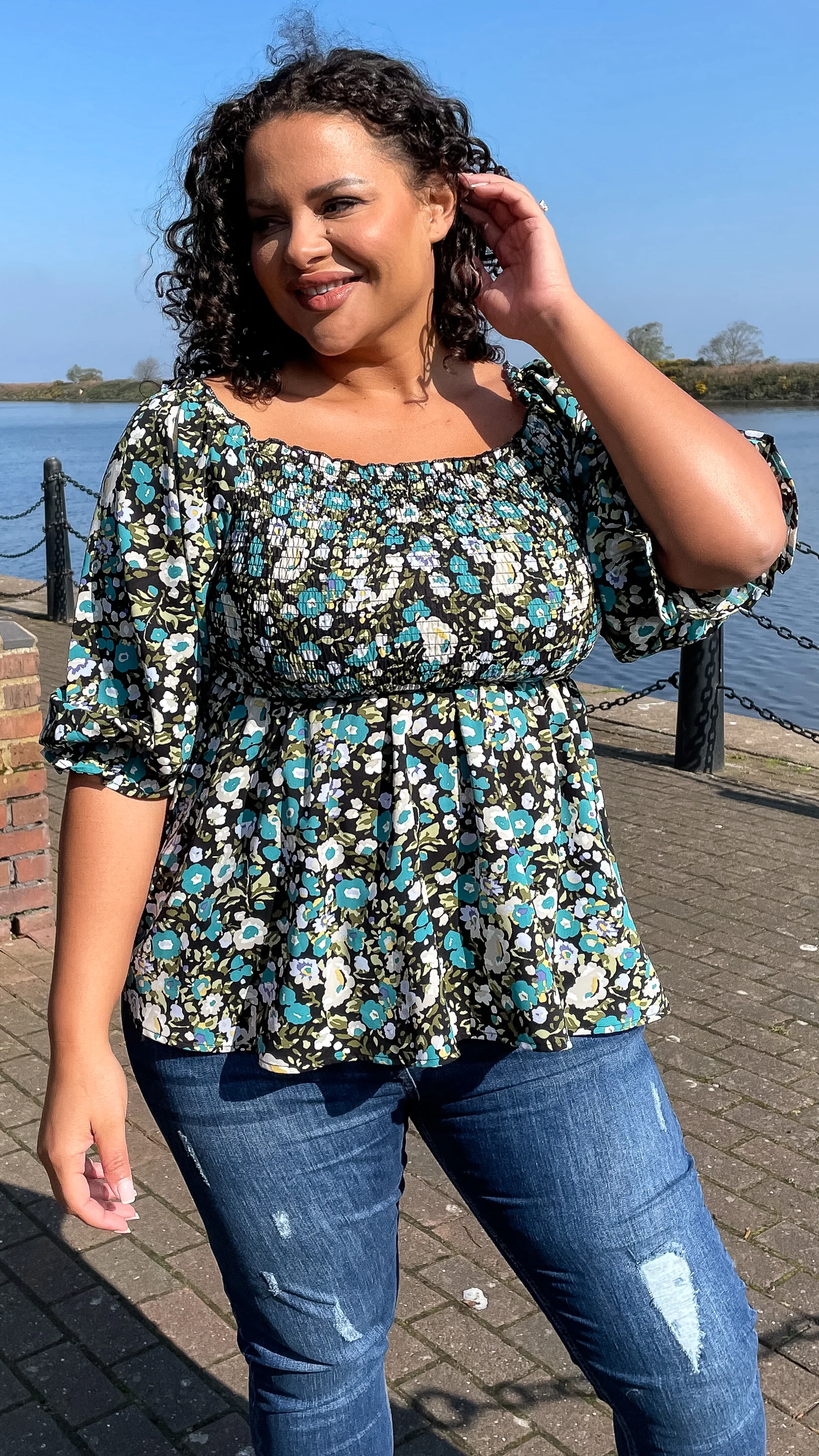 CurveWow Peplum Top Black Ground Floral - Image 7