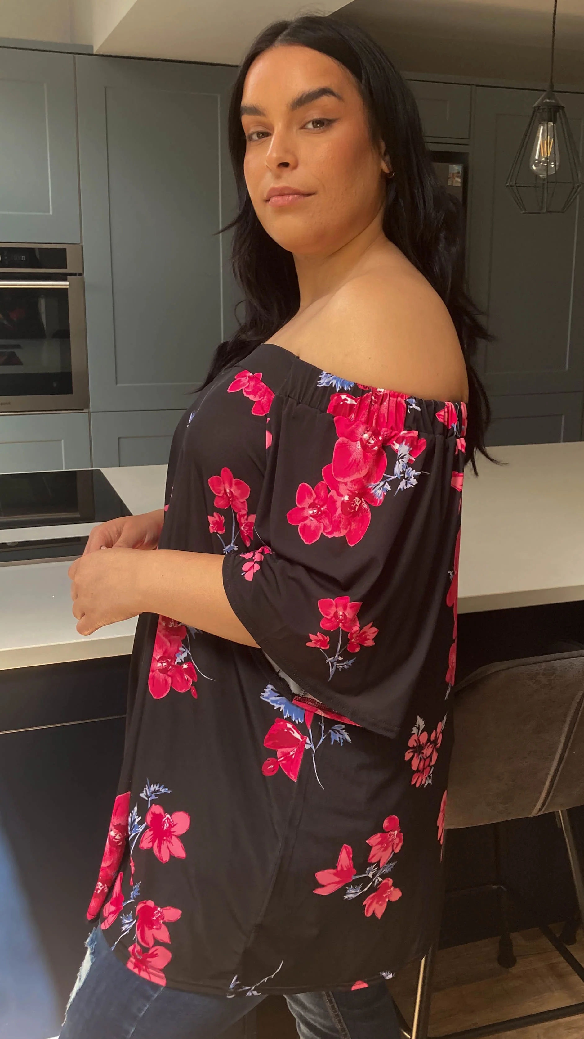 CurveWow Bardot Top Black with Pink Floral - Image 2
