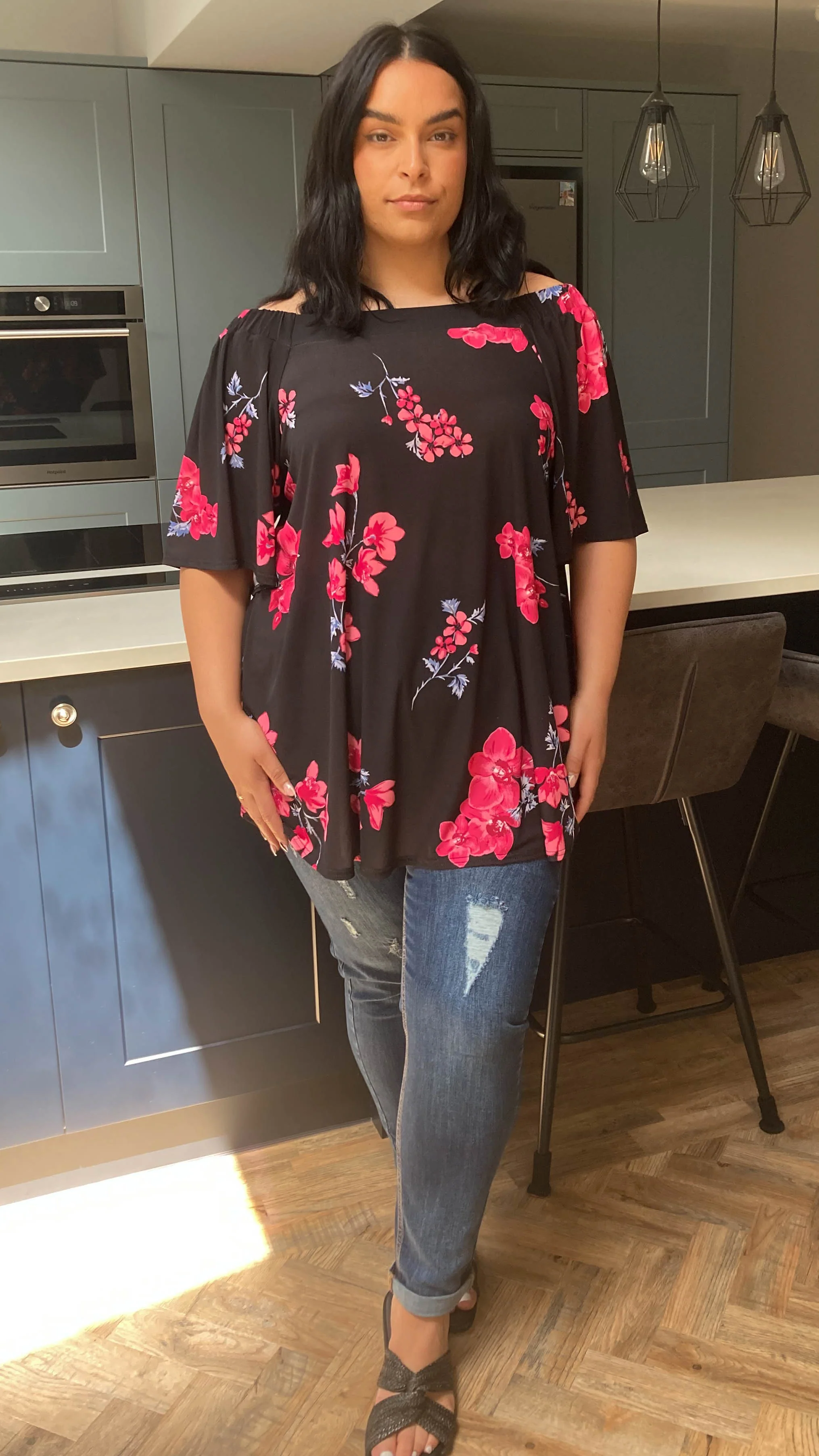 CurveWow Bardot Top Black with Pink Floral - Image 3