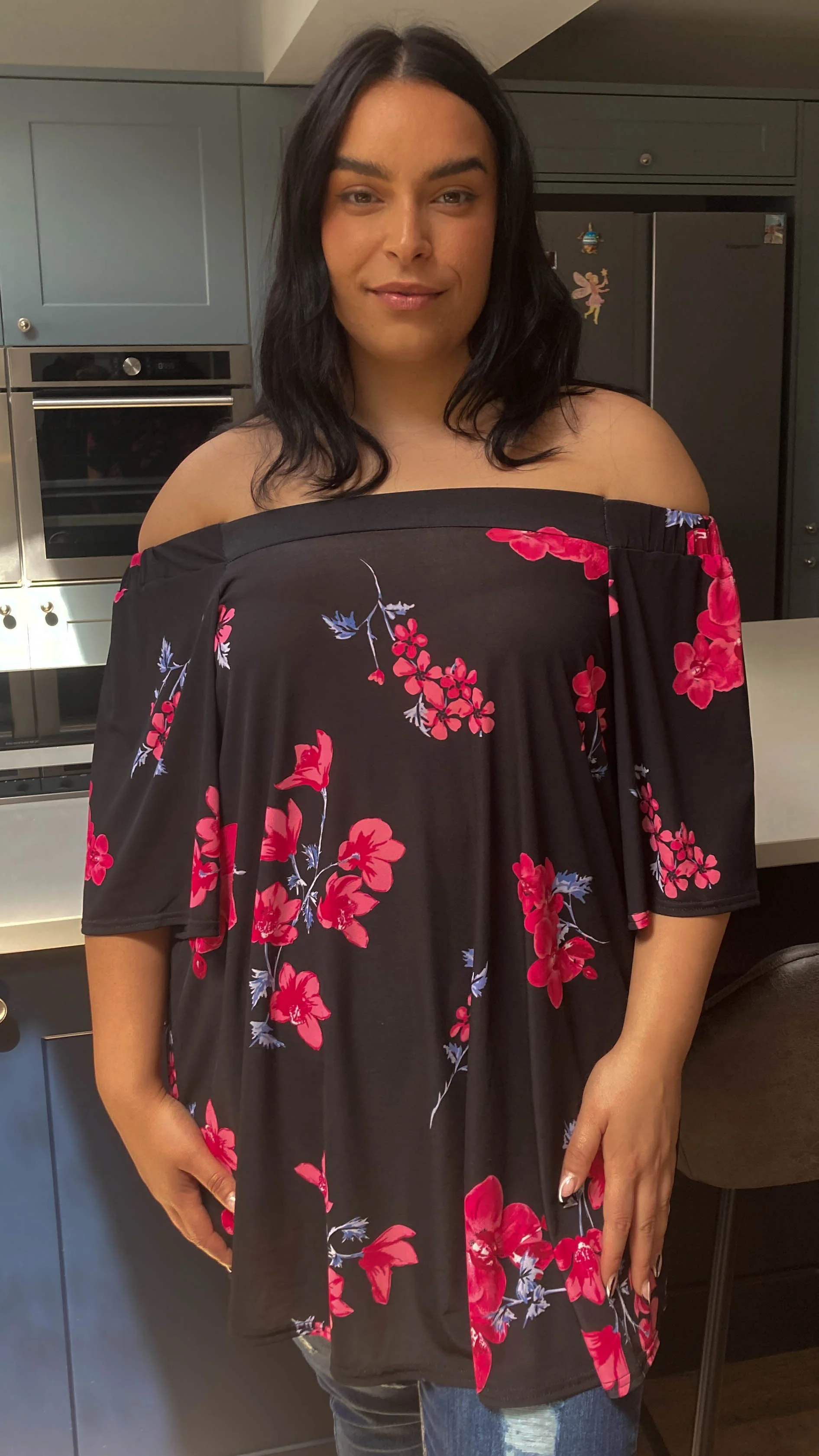 CurveWow Bardot Top Black with Pink Floral - Image 4