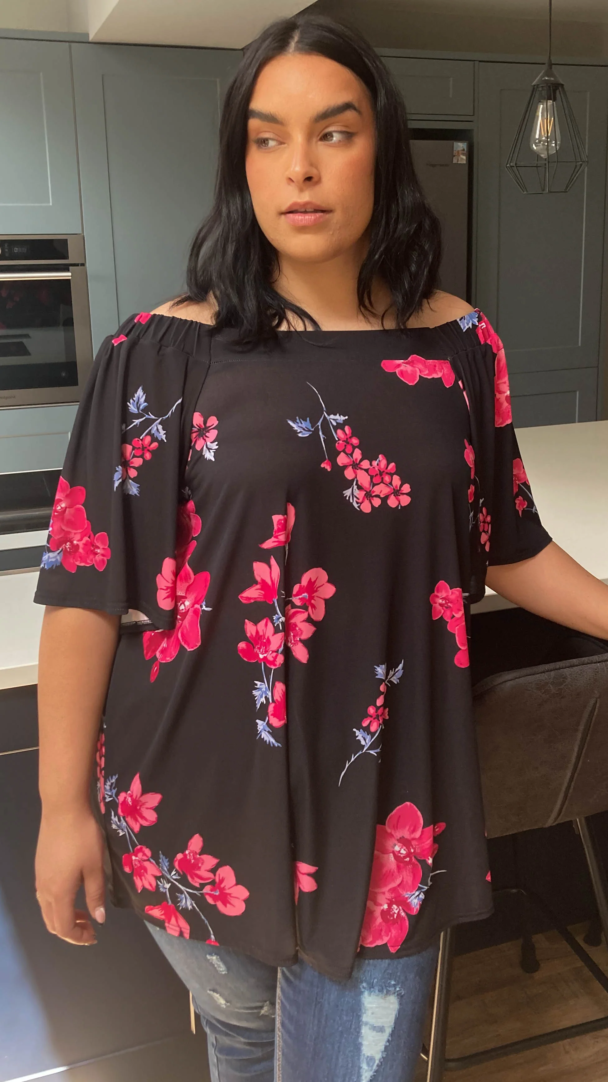CurveWow Bardot Top Black with Pink Floral - Image 5