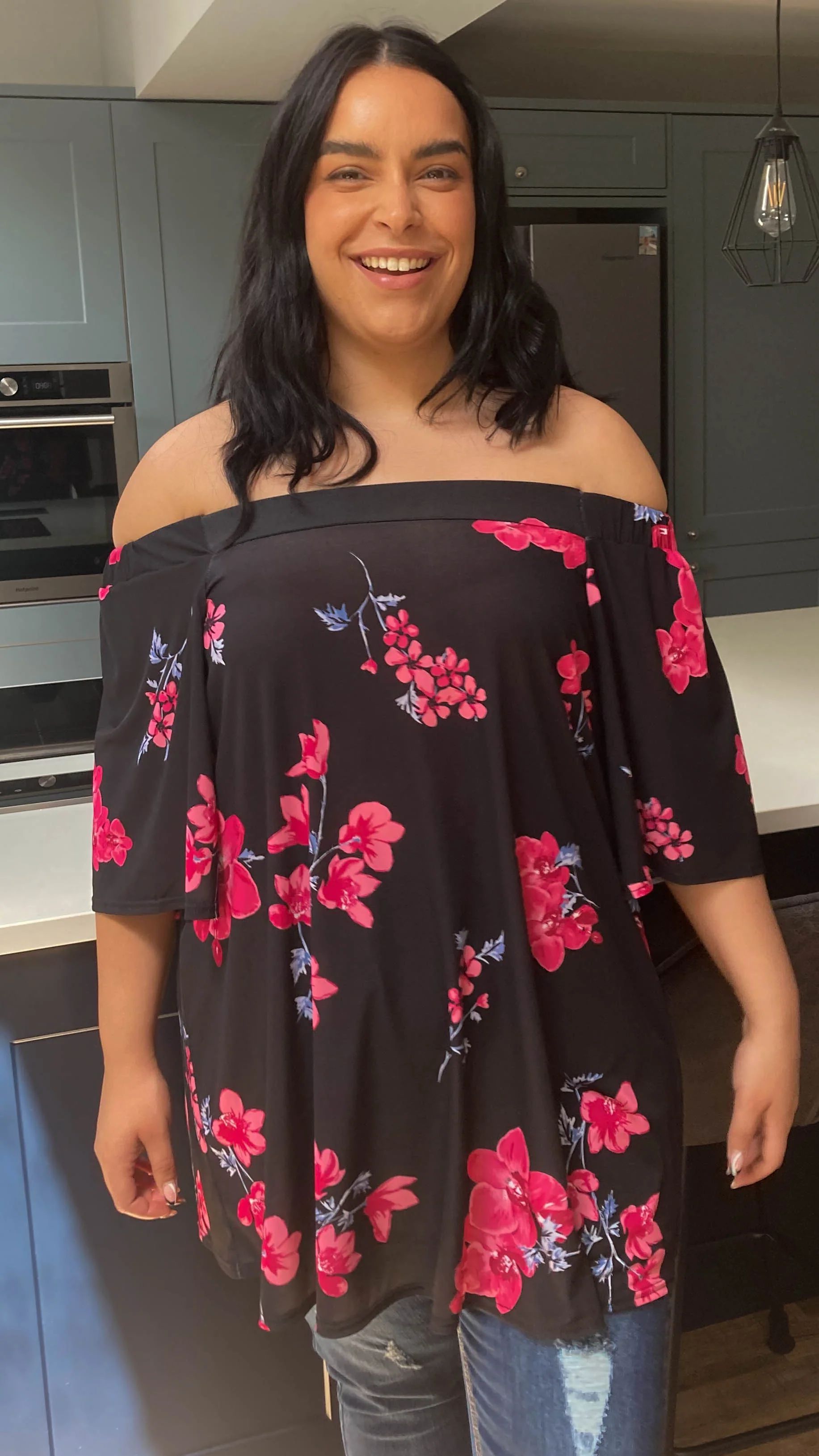 CurveWow Bardot Top Black with Pink Floral - Image 6