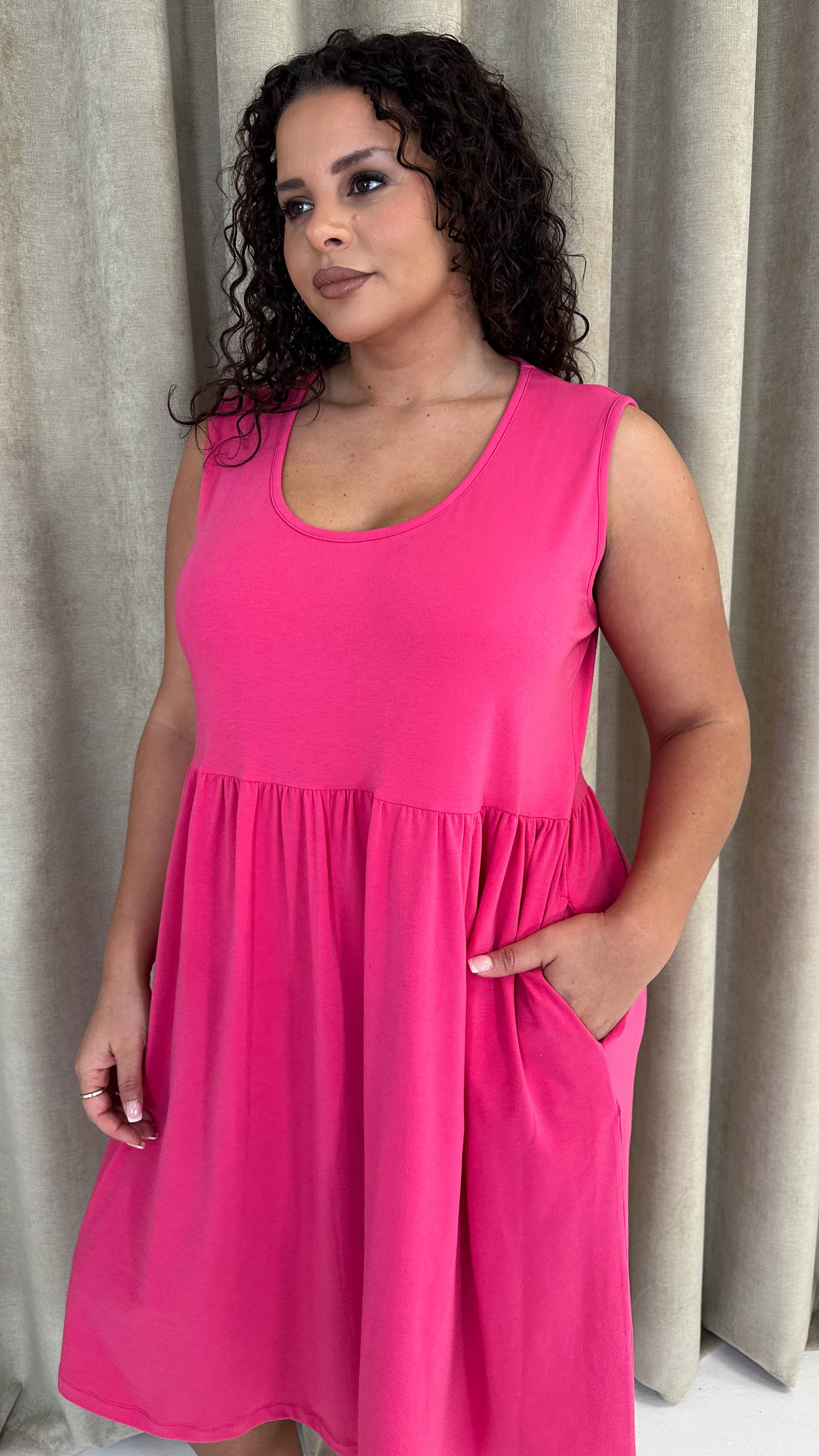 CurveWow Basic Sleeveless Pocket Dress Pink - Image 2