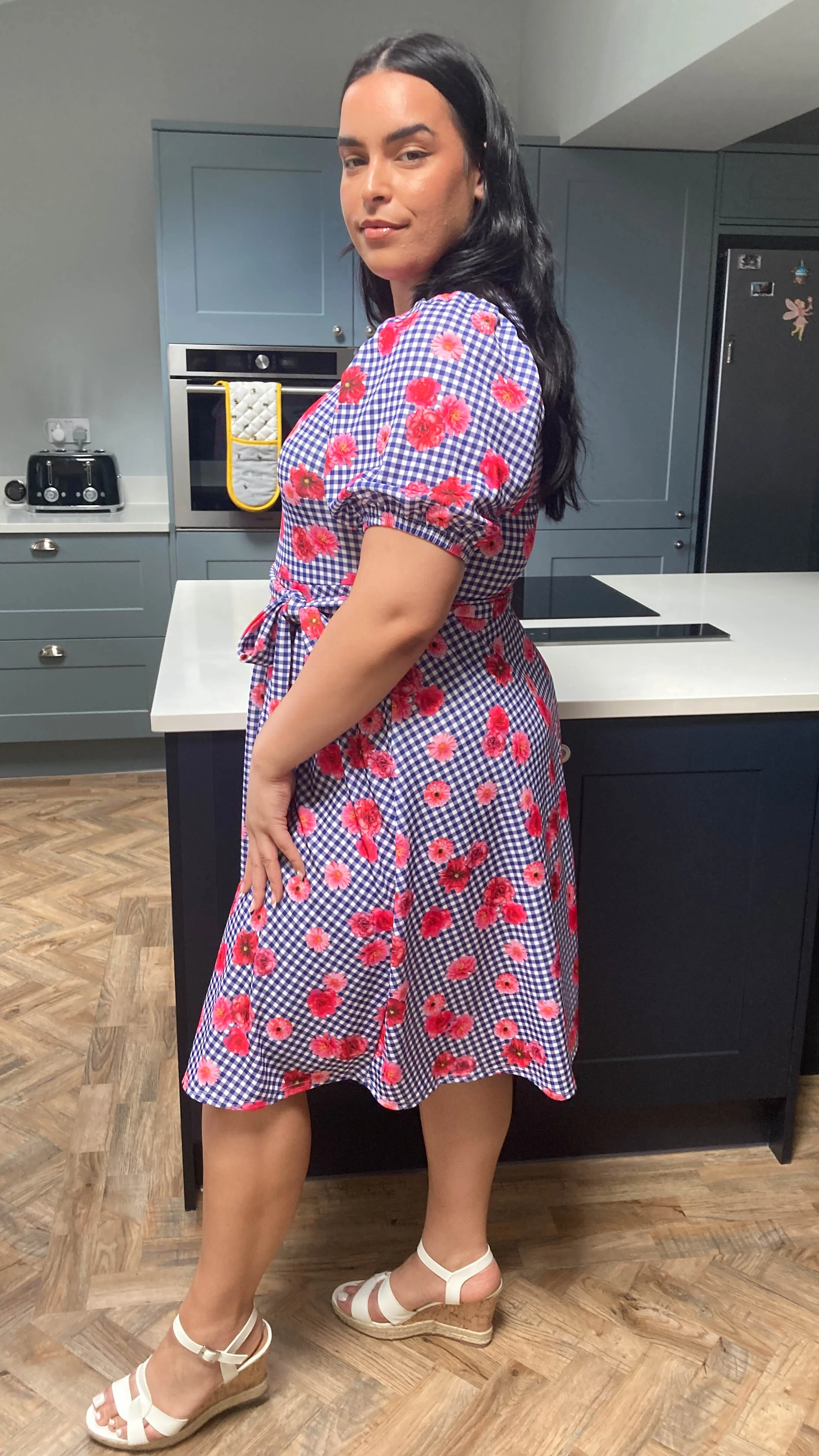 CurveWow Belle Sleeve Dress Navy Gingham & Pink Floral - Image 4