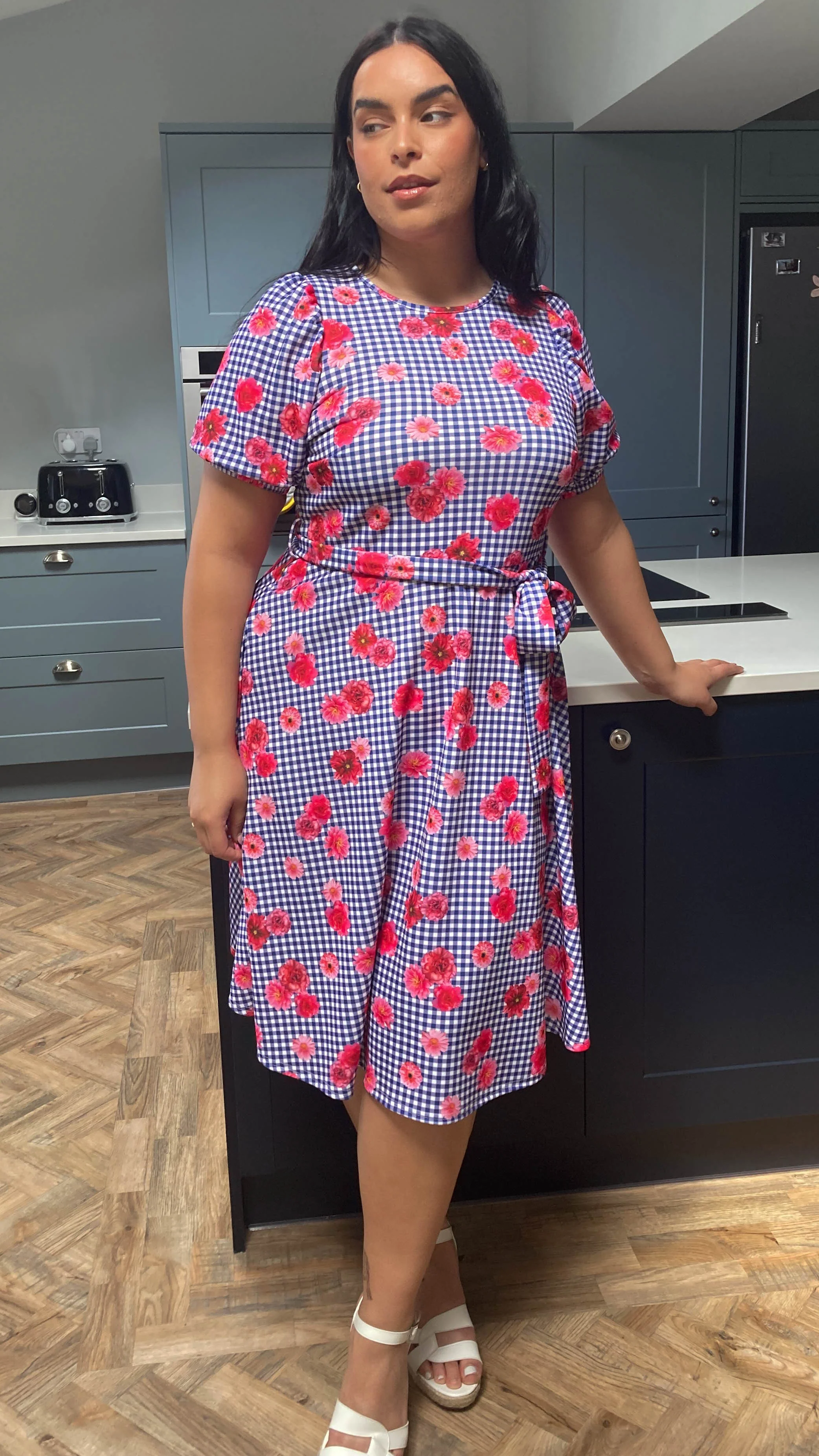CurveWow Belle Sleeve Dress Navy Gingham & Pink Floral - Image 7