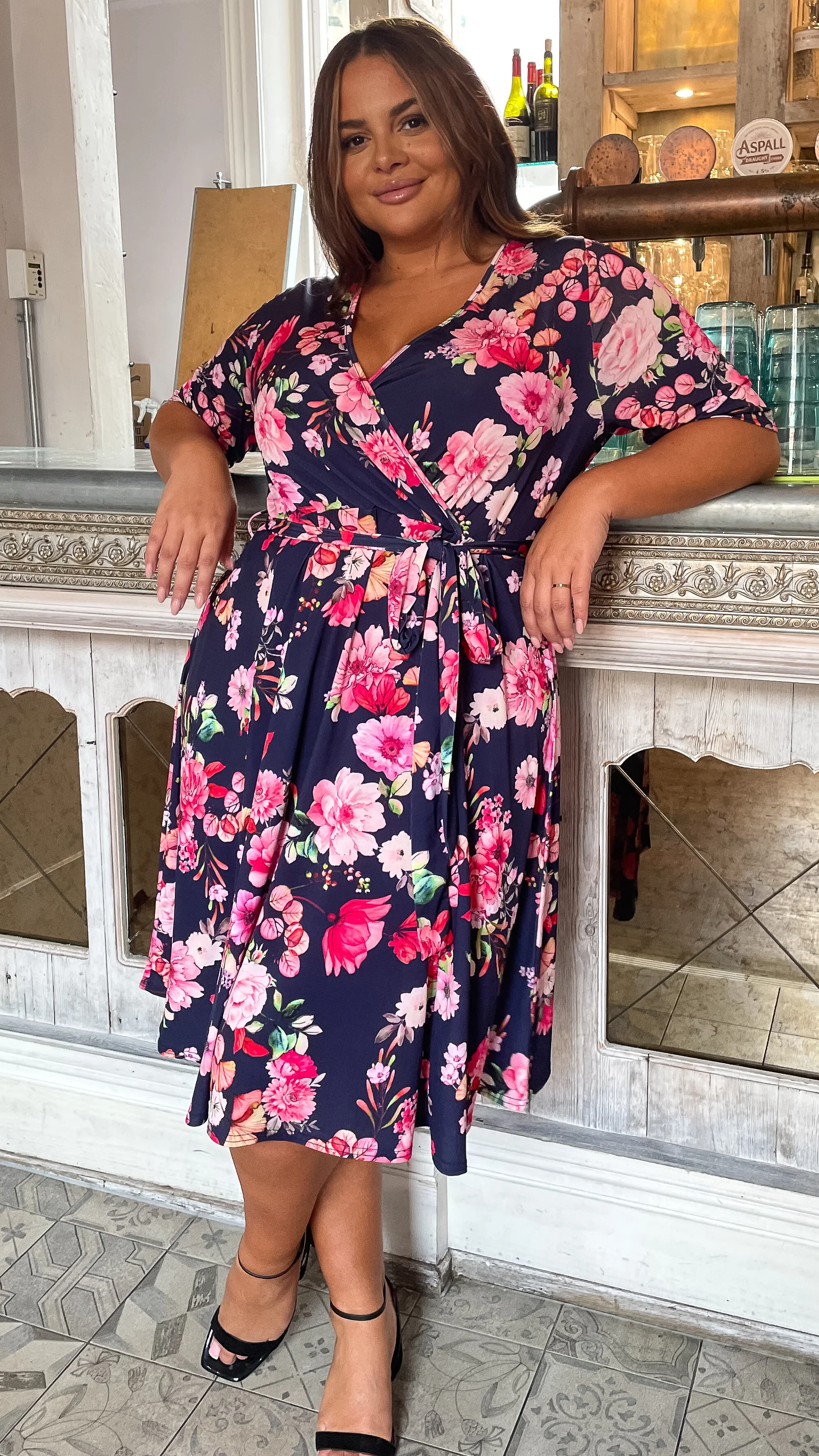 CurveWow Belted Wrap Dress Navy Floral - Image 2